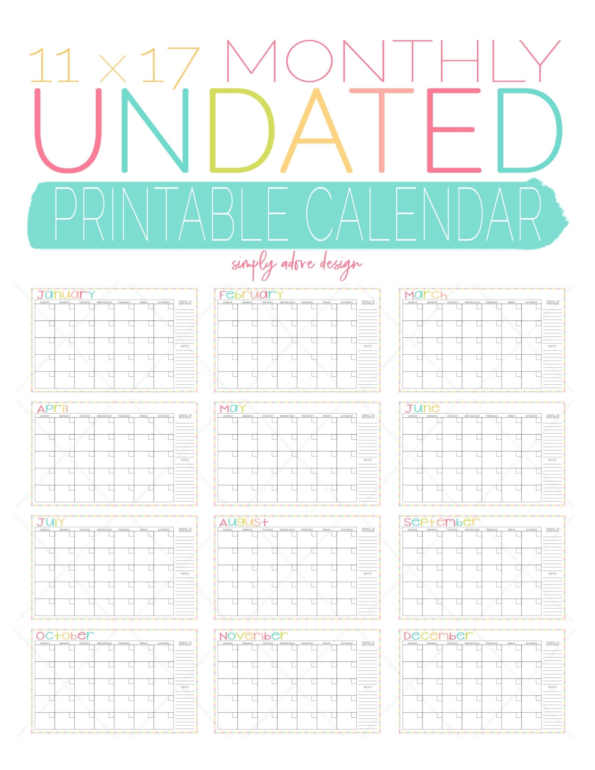Colorful Monthly Calendar Template 11x17 Undated Printable digital Download Etsy