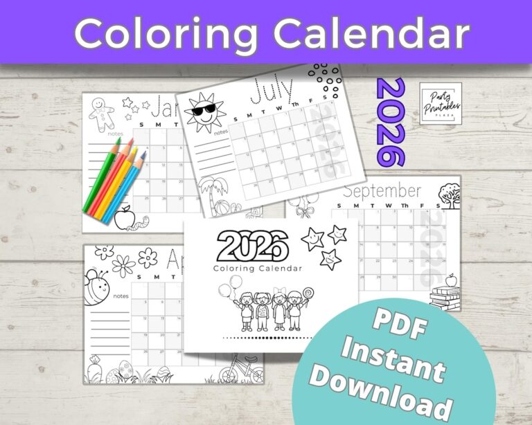 COLORING CALENDAR 2026 Kids PDF Printable Instant Download Kids Monthly Fun Planner 2 Versions Monday To Sunday And Sunday To Saturday Etsy