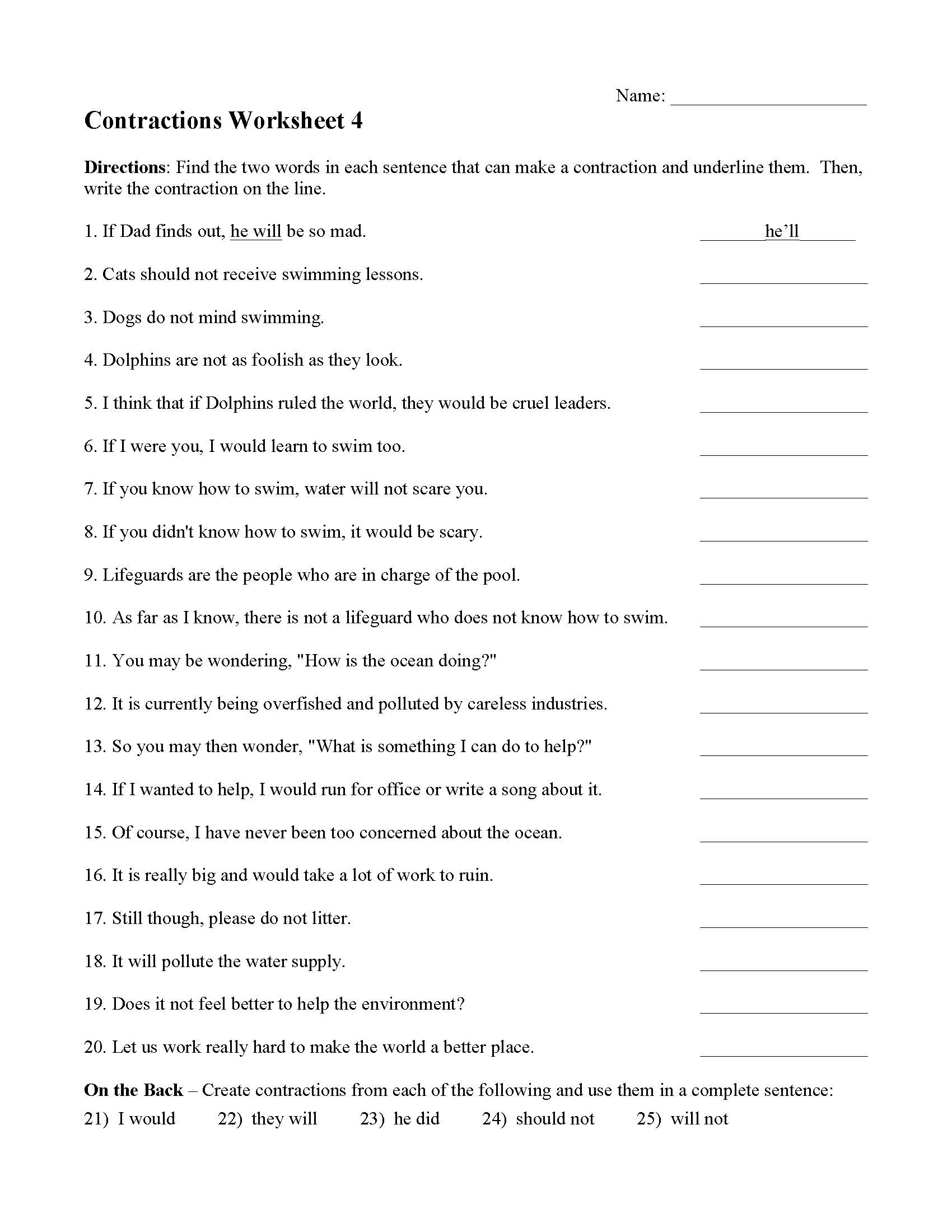 Contractions Worksheet 4 Grammar Activity