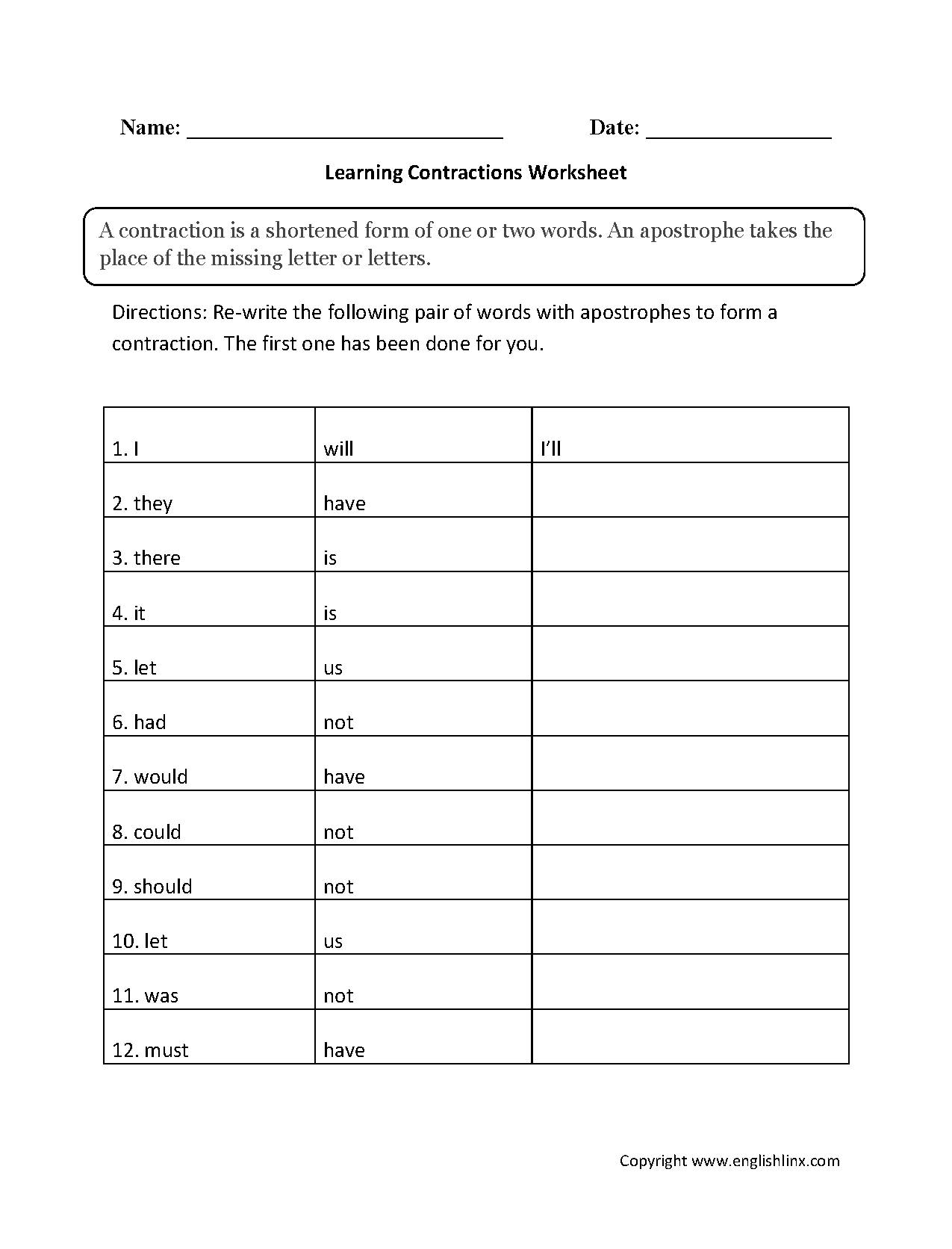 Printable Contraction Worksheets