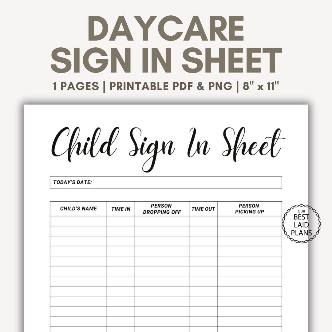 Daycare Sign In Sheet Printable PDF Child Care Sign In Sheet Childcare Sign In And Sign Out Daycare Attendance Sign In And Sign Out Etsy