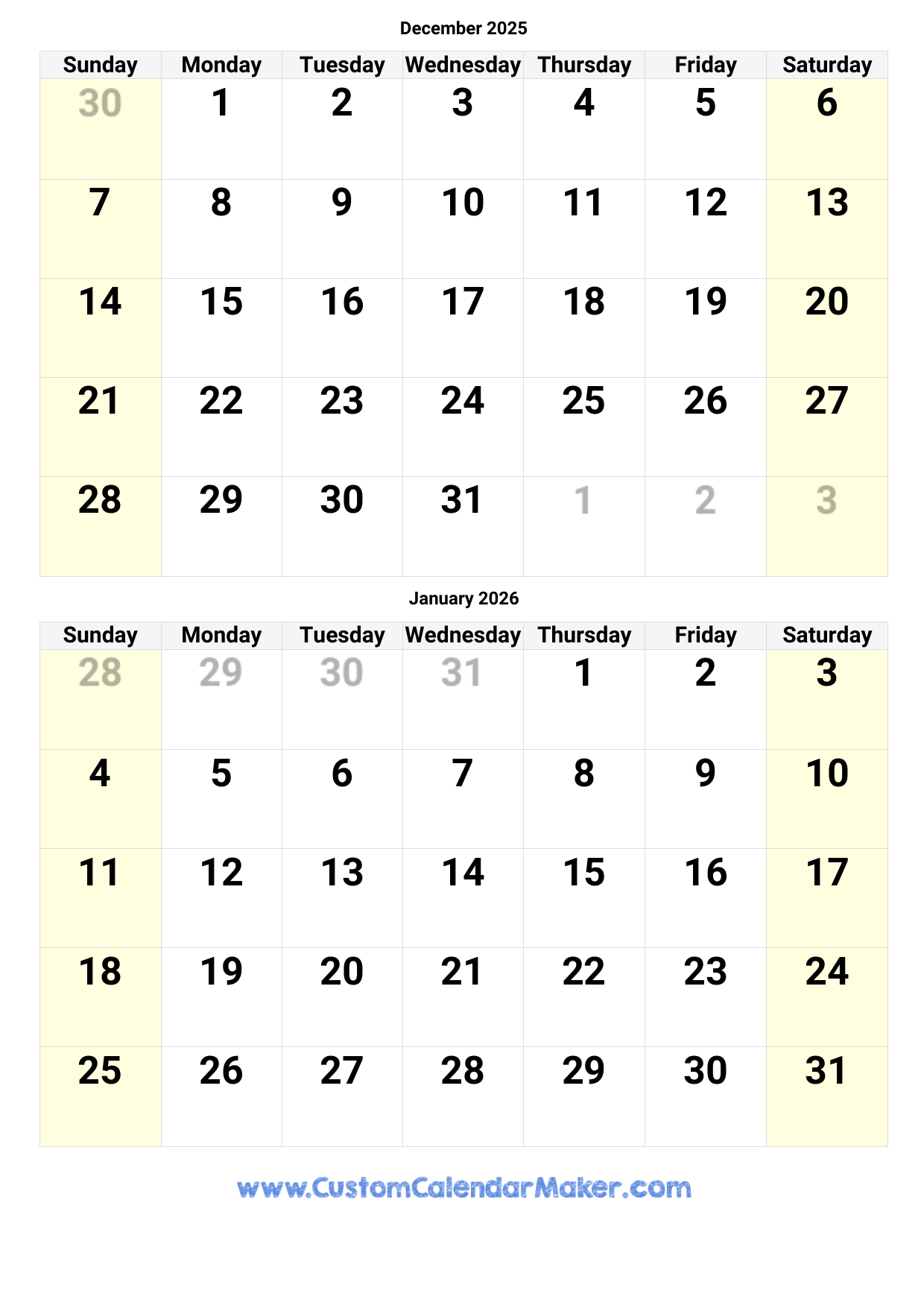 December 2025 And January 2026 Calendar Custom Calendar Maker