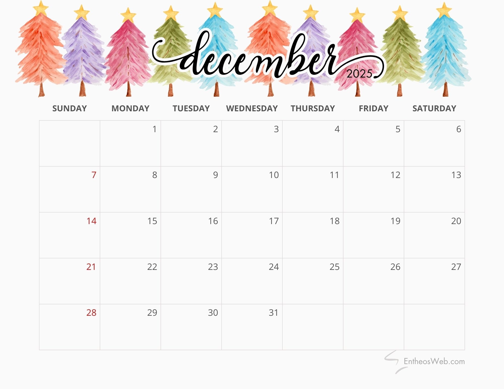 December 2025 Calendar With Holidays Printable Free December 2025 Calendar With Holidays Printable Free