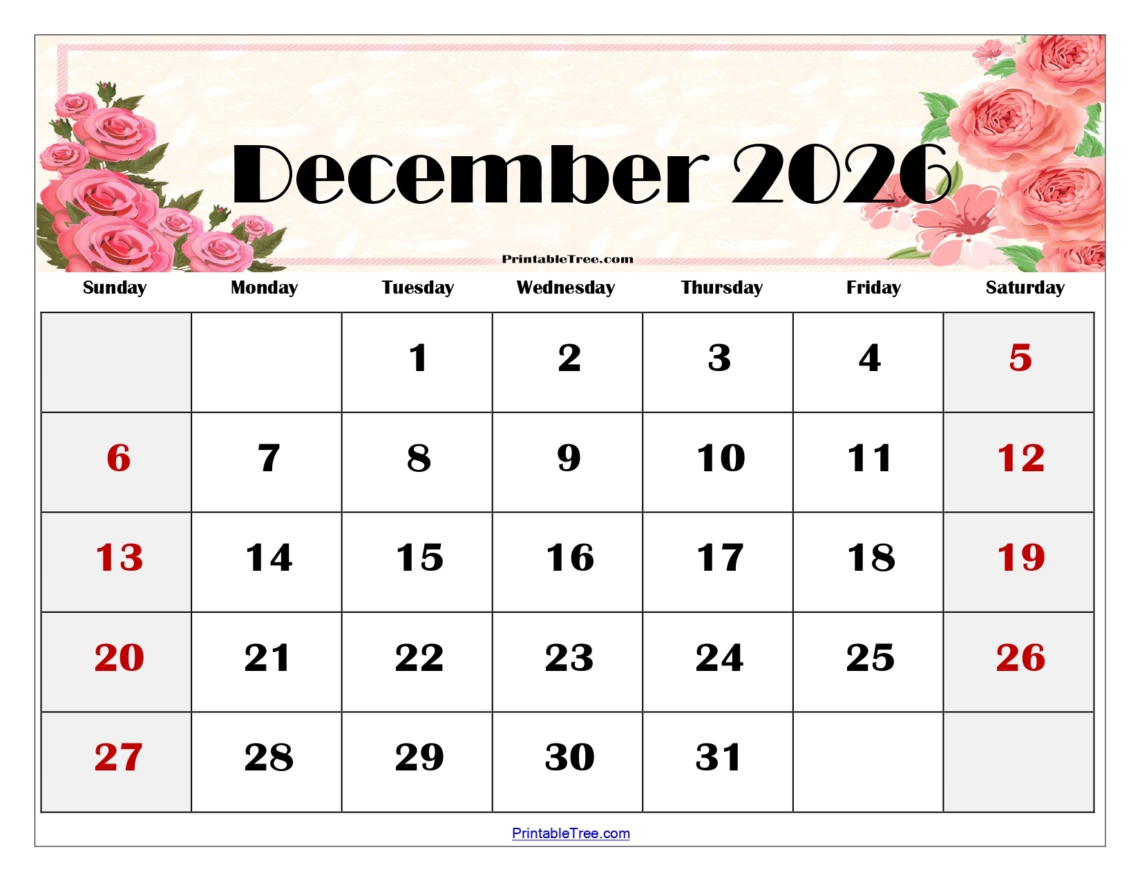 December 2026 Calendar Printable PDF With Holidays Templates