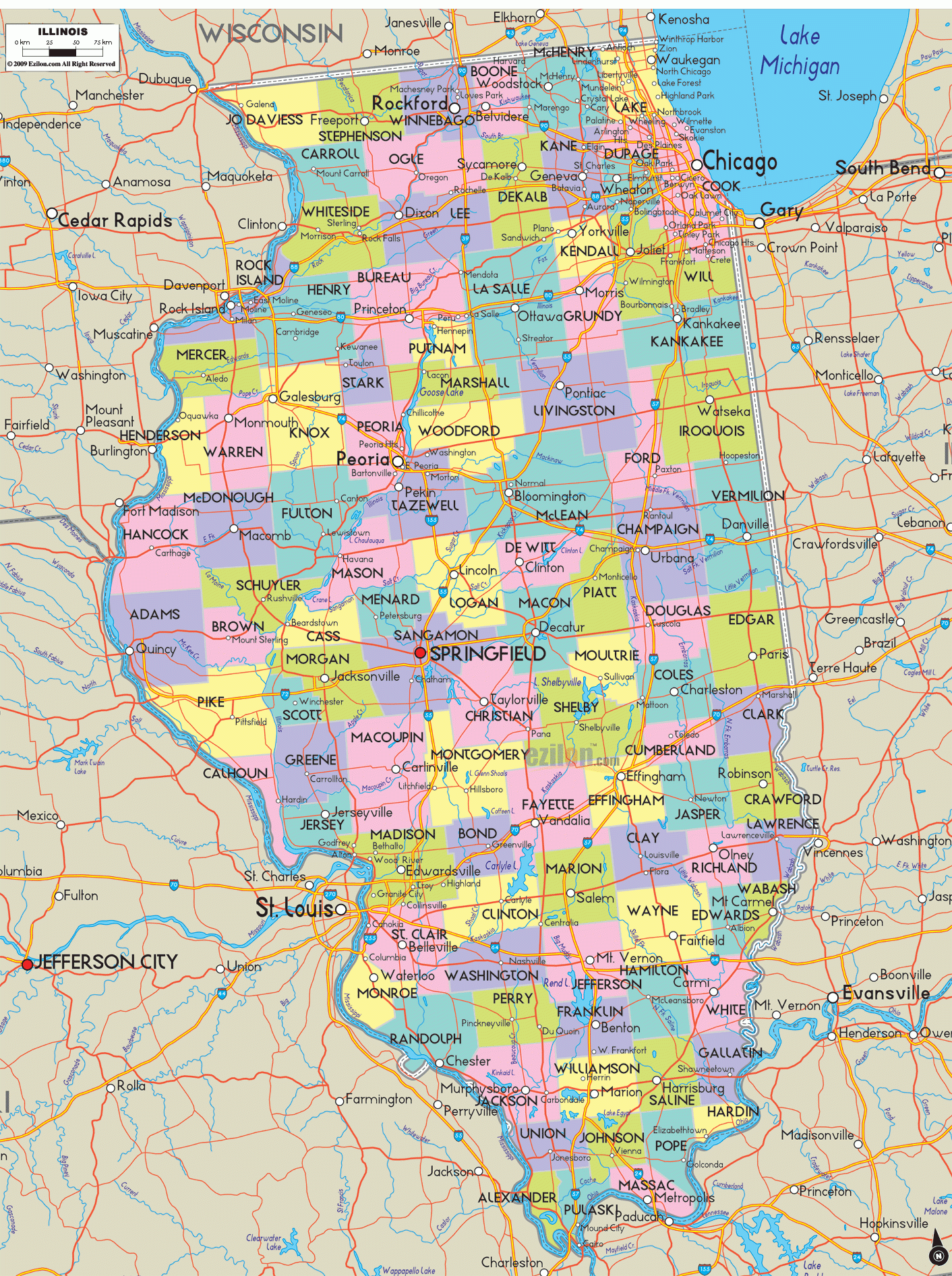 Detailed Map Of Illinois With Cities Counties And Roads Ezilon Maps