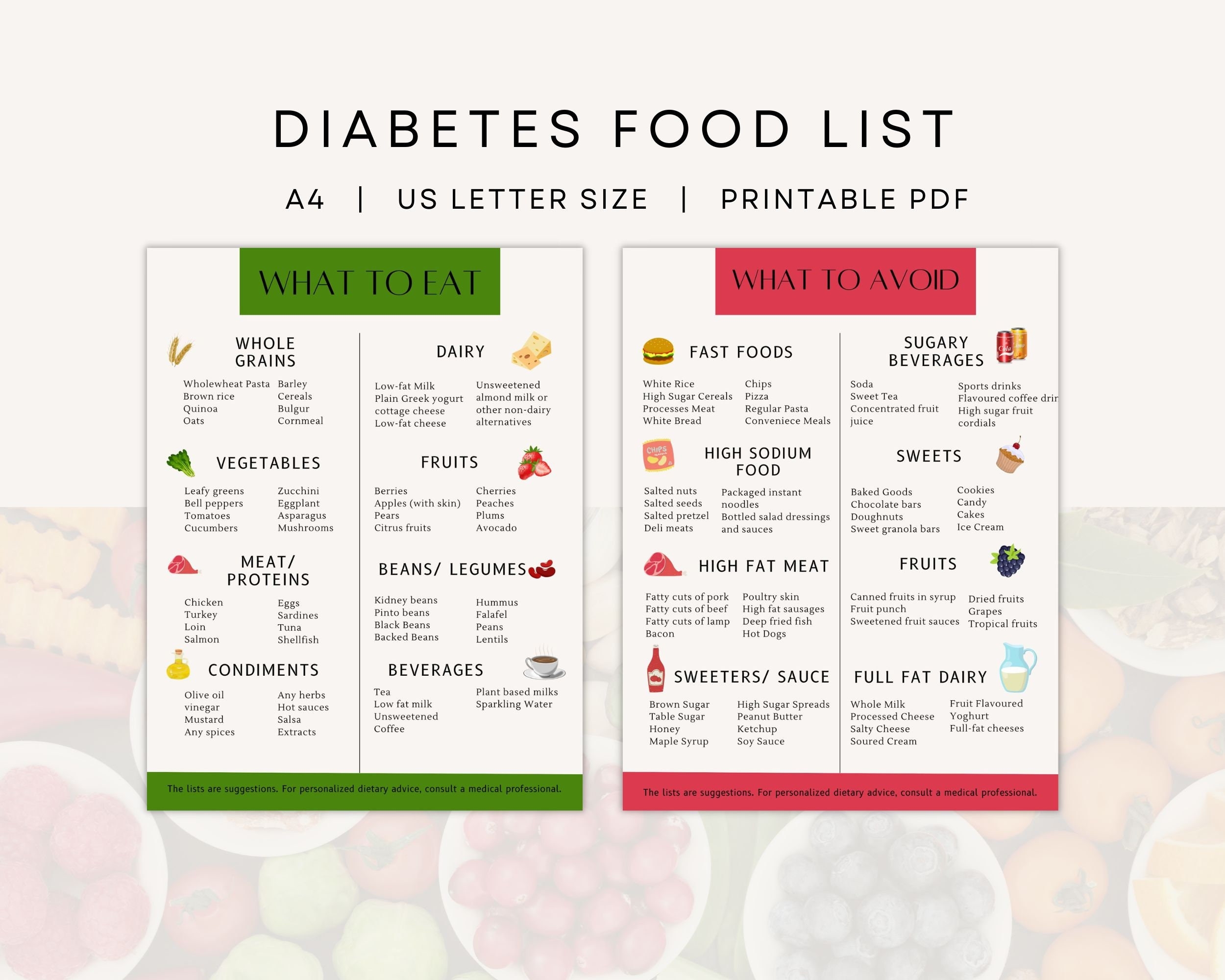 Diabetes Food List Type 2 Diabetes Diabetic Food Chart Printable PDF Instant Download Etsy