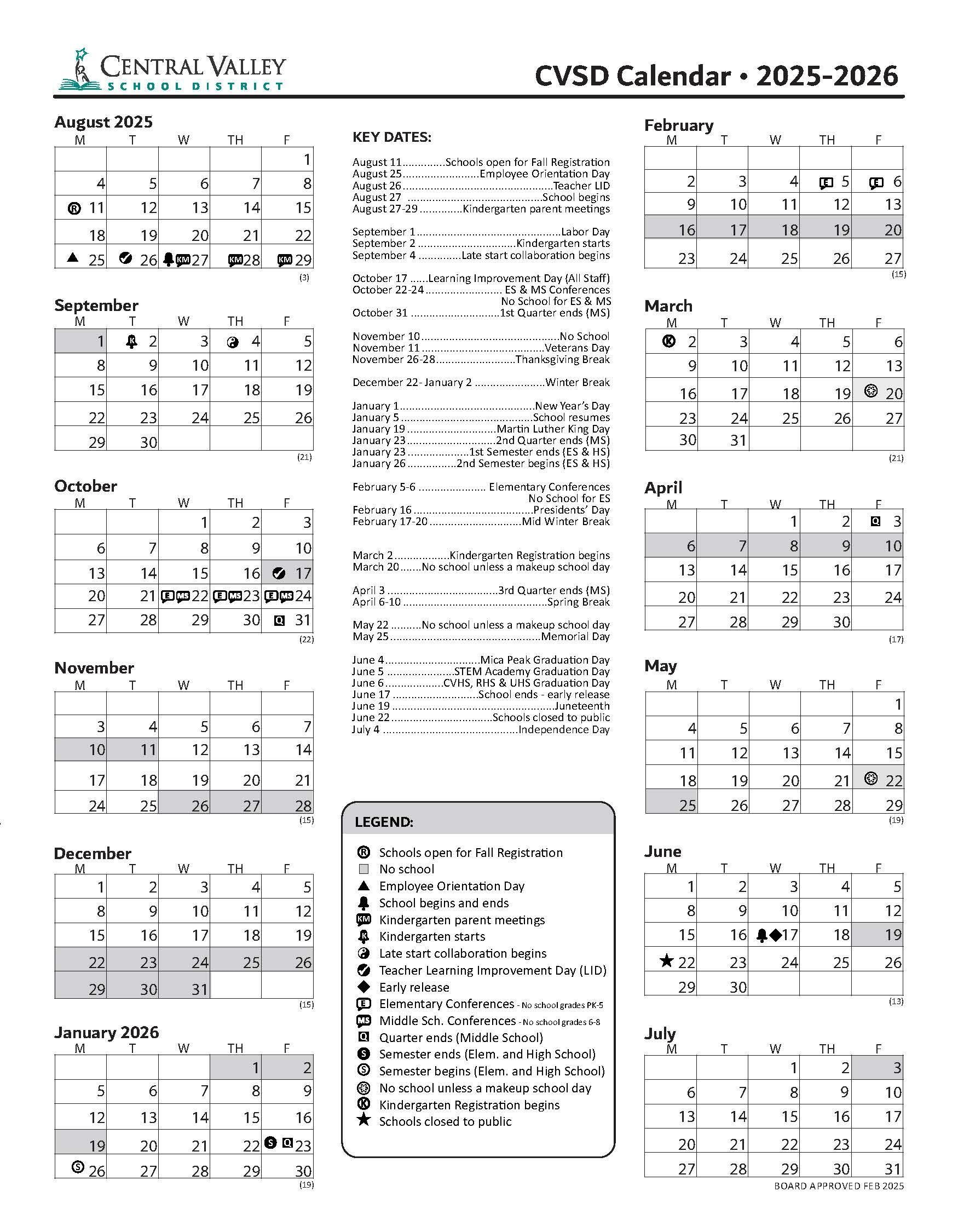 District Printable Calendar 2025 2026 District Printable Calendar Central Valley School District District Printable Calendar 2025 2026 District Printable Calendar Central Valley School District