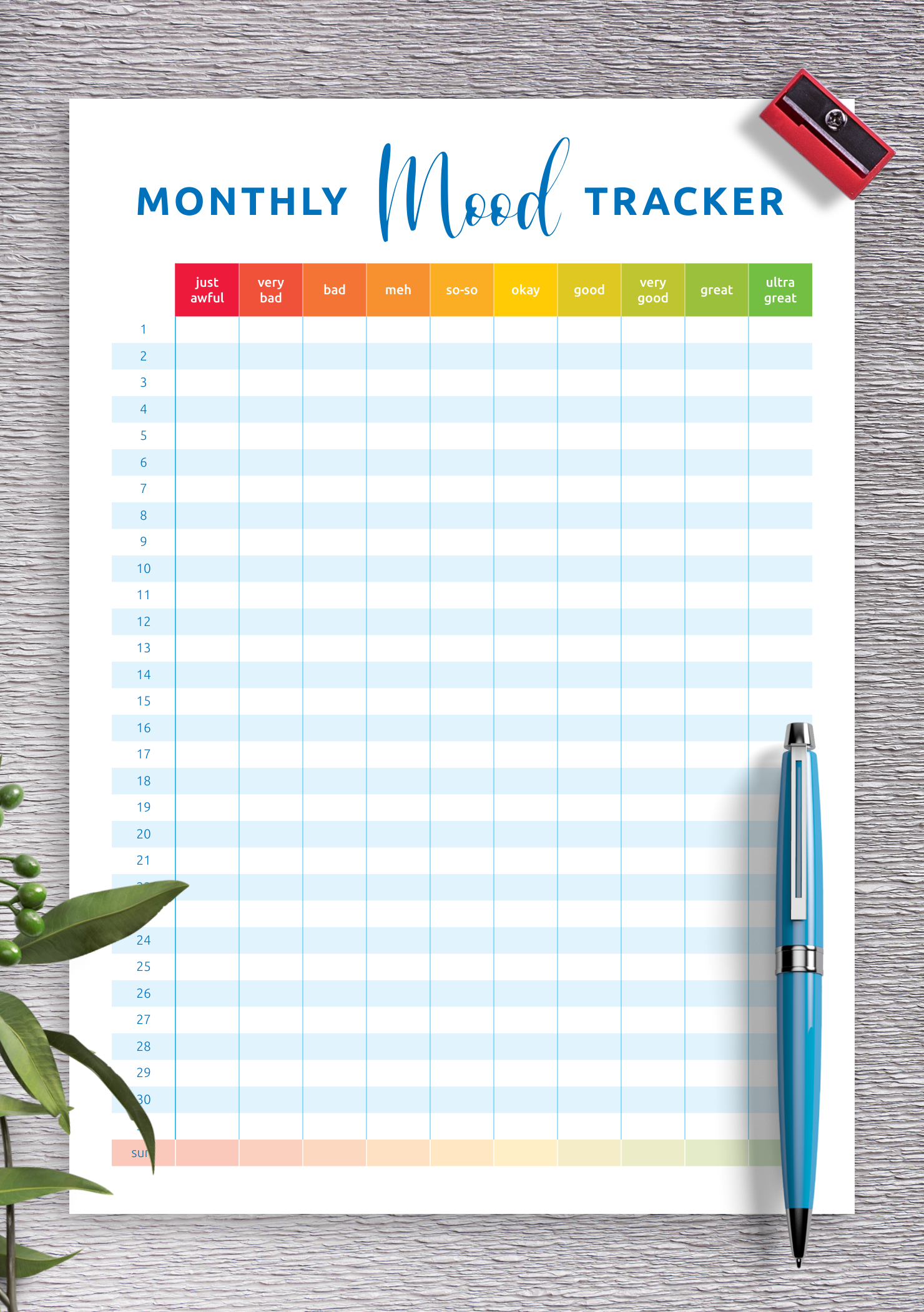 Download Printable Colorful Monthly Mood Tracker Template PDF