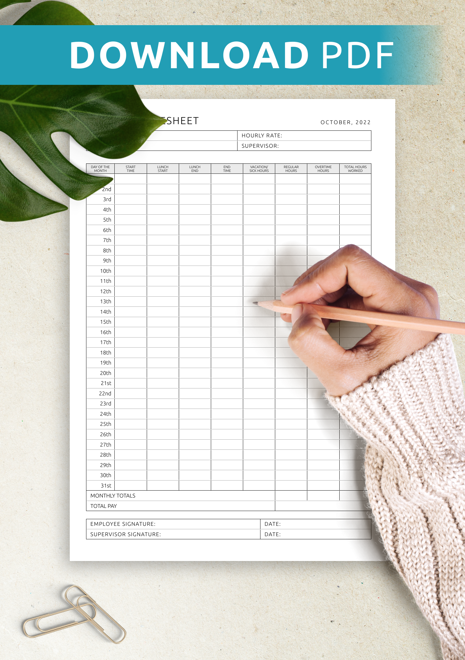 Download Printable Monthly Timesheet Template PDF Download Printable Monthly Timesheet Template PDF