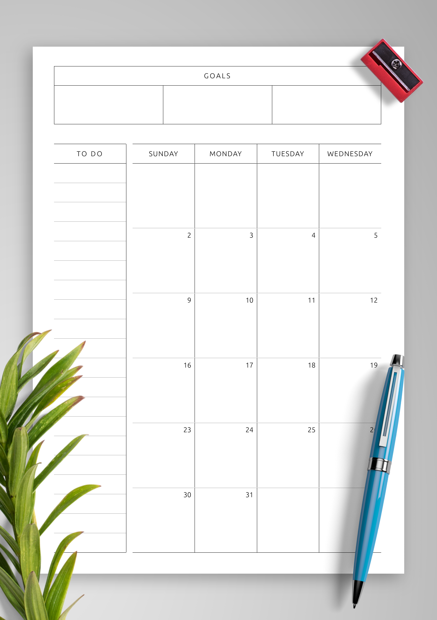 Download Printable Simple Monthly Calendar With Notes To Do Goals Ideas Template PDF