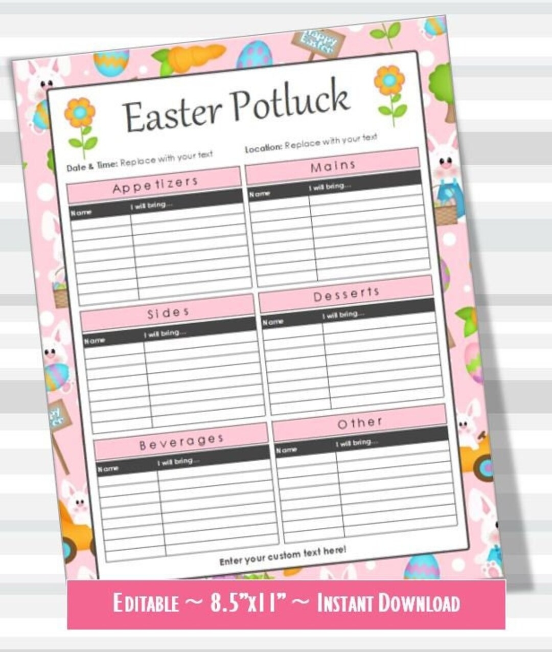 Easter Printable Potluck Sign up Sheet EDITABLE Microsoft Excel 8 5x11 Family Office Holiday Instant Download Spring Etsy Israel