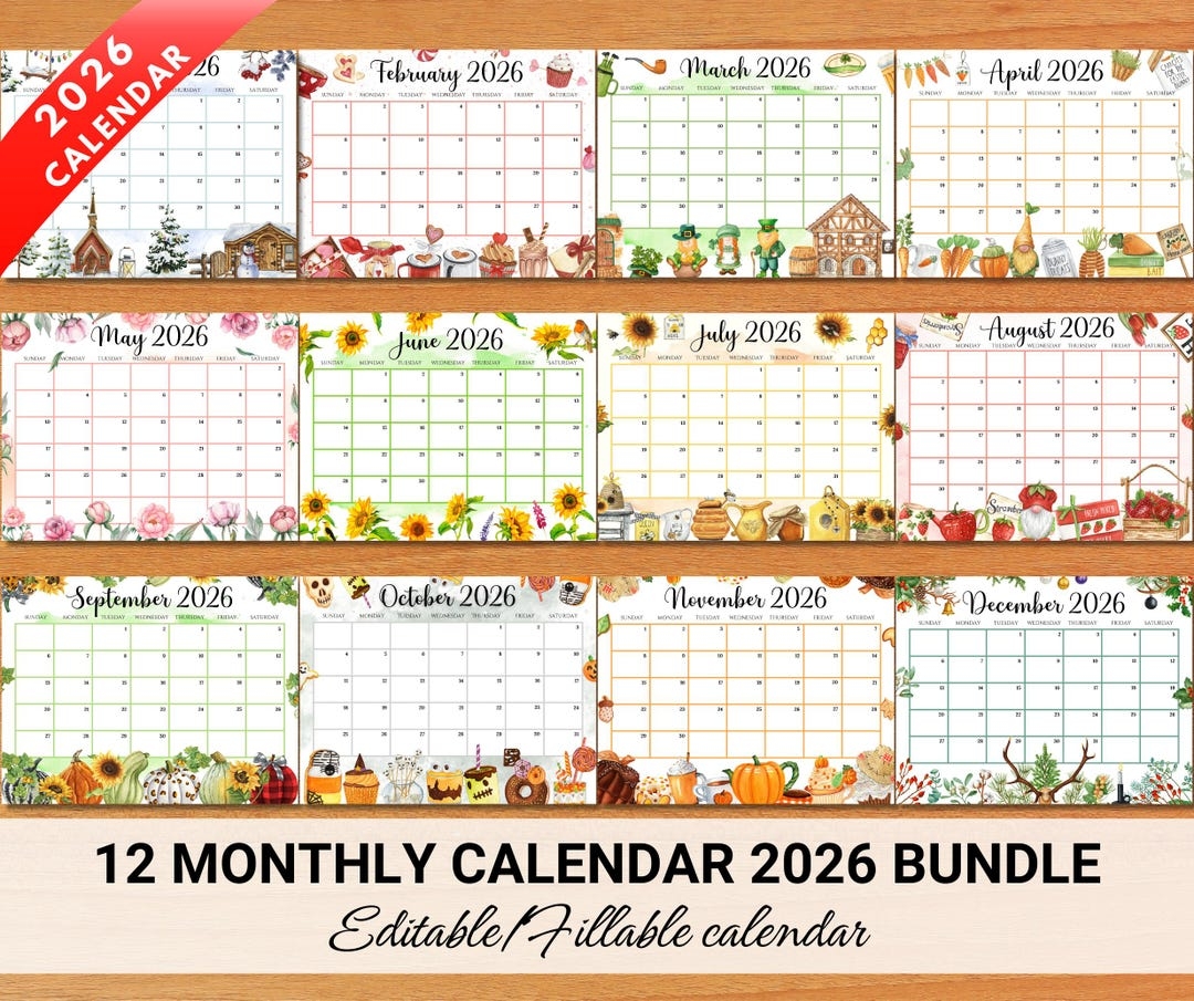 Editable 2026 Watercolor Calendar Bundle Fillable Monthly Planner PDF Printable Schedule For Home School Work Office Instant Download Etsy