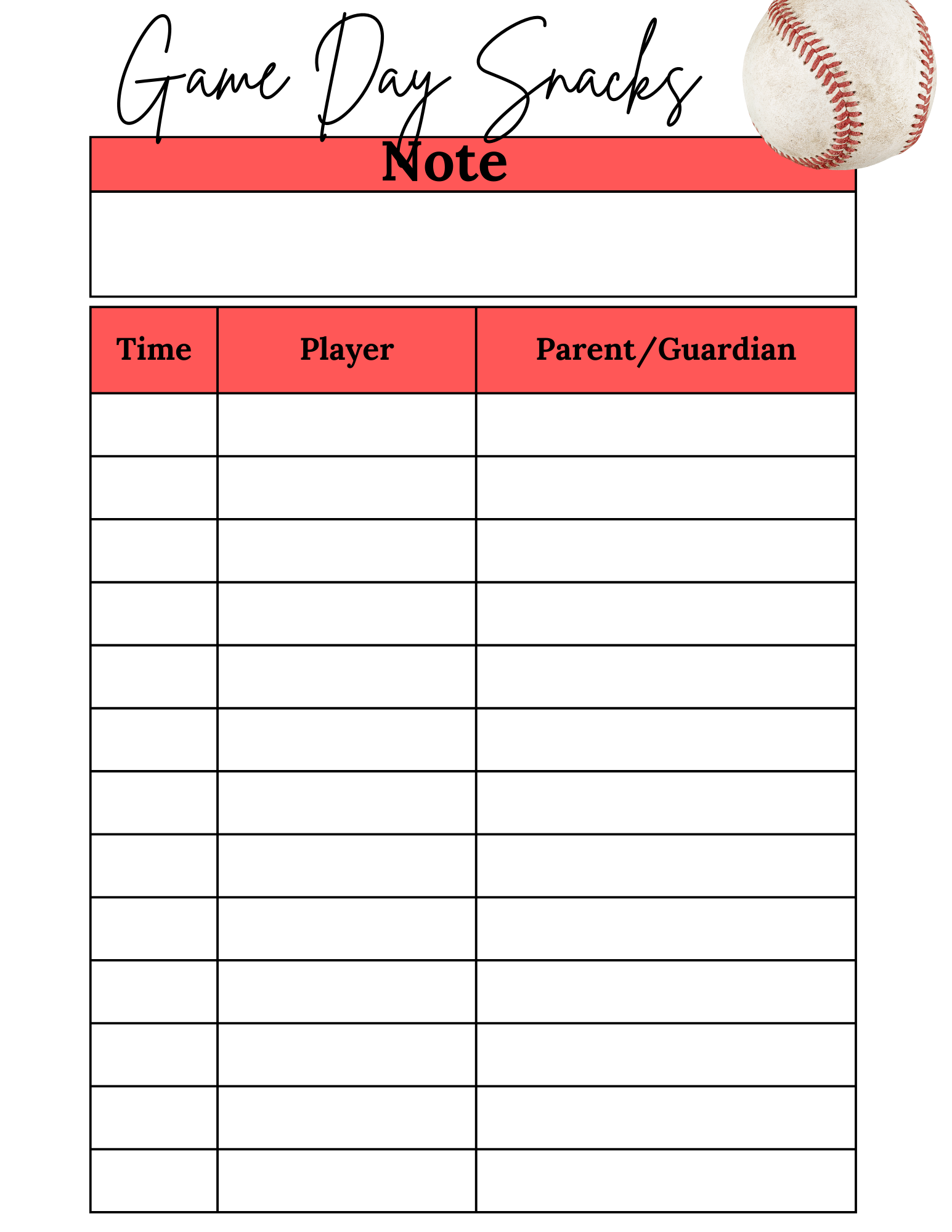 Editable Baseball Game Day Snacks Sign Up Sheet Printable Instant Download 
