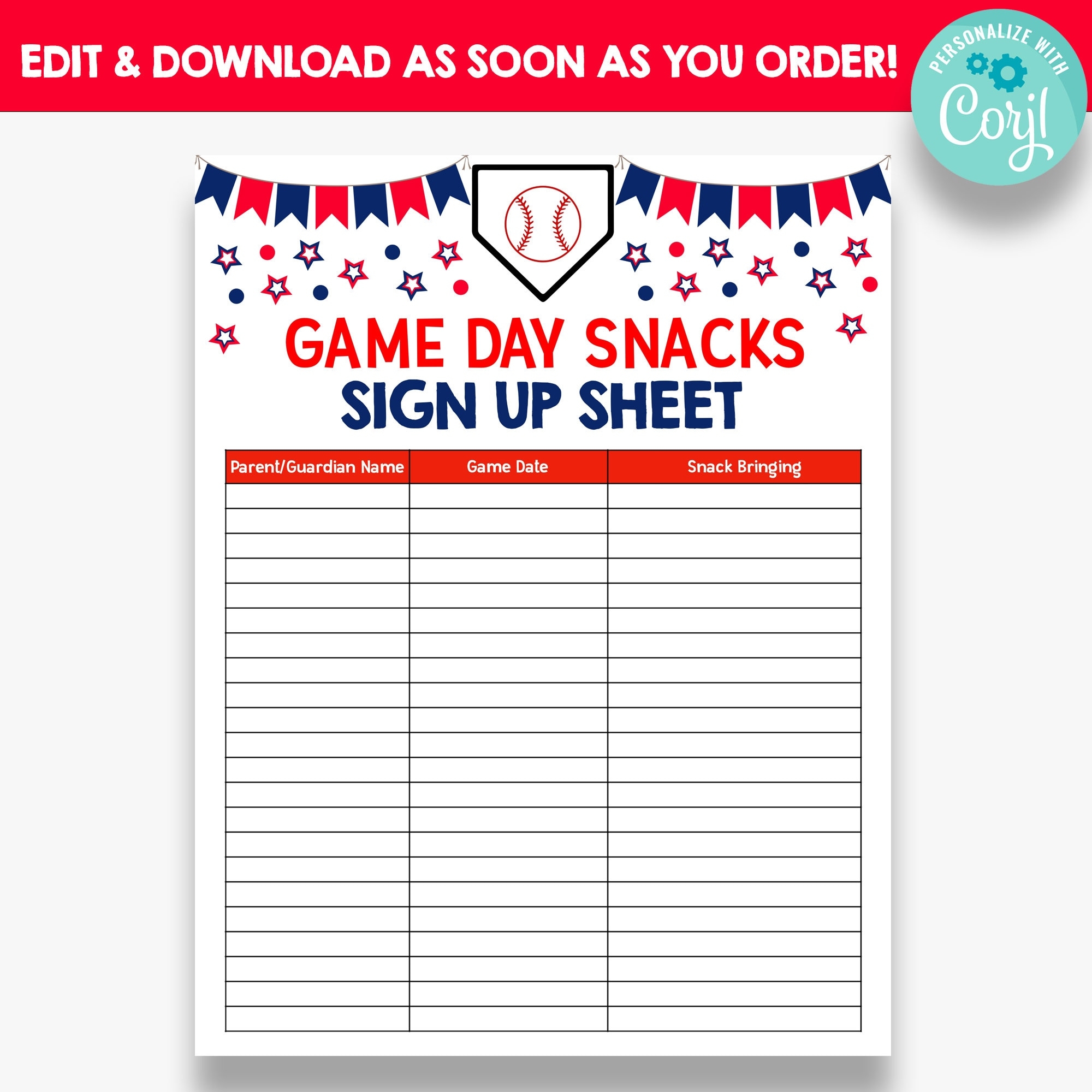 EDITABLE Baseball Snack Sign Up Sheet Game Day Snacks Sign Up Printable Baseball Volunteer Form Snack Sign Up Sheet Etsy UK