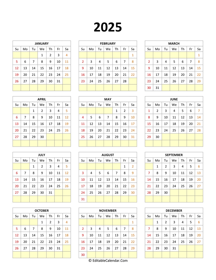 Editable Calendar Template 2025