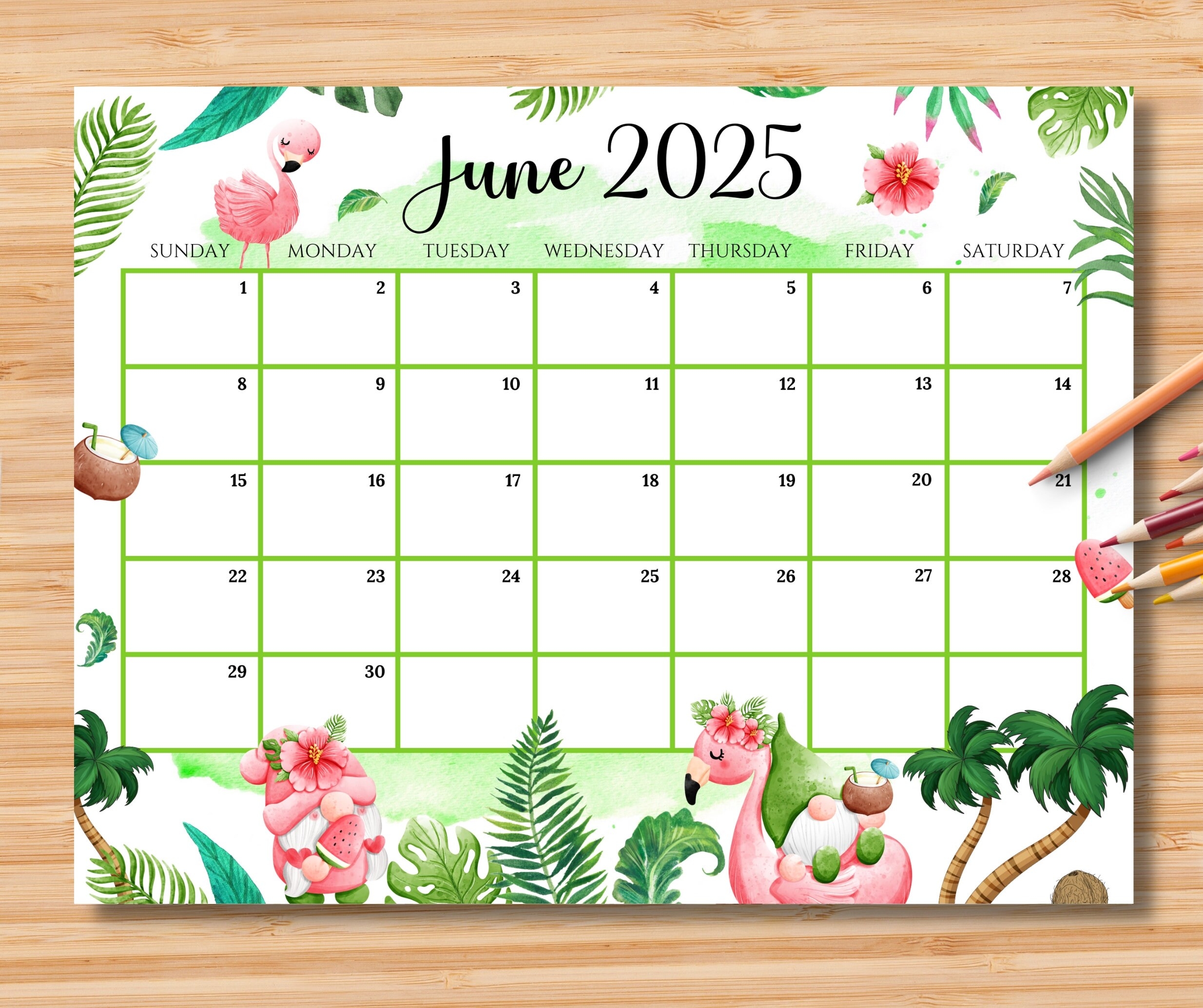 EDITABLE June 2025 Calendar Joyful Summer With Cute Gnomes EDITABLE June 2025 Calendar Joyful Summer With Cute Gnomes