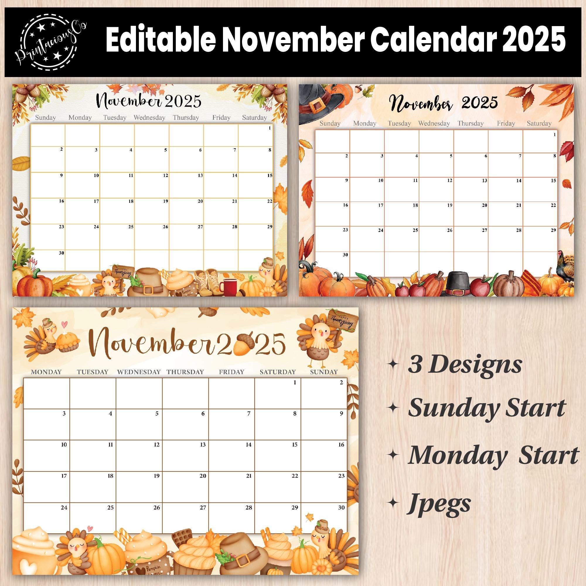 Editable November 2025 Calendar Printable Wall Calendar 2025 Fillable Monthly Planner Sunday Monday Start Kids Calendar 2025 Etsy