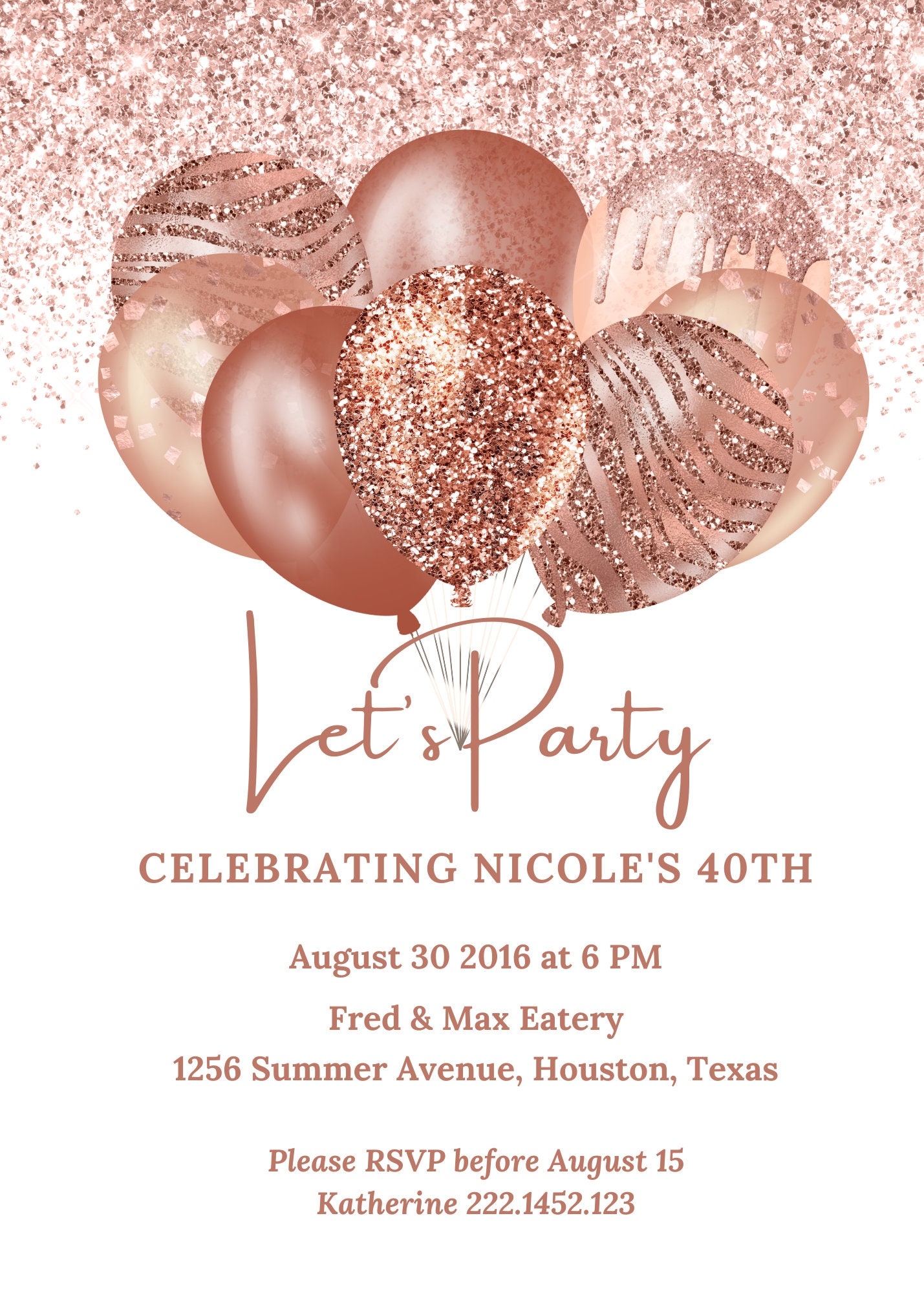 Editable Rose Gold Birthday Invitation Let s Party Rose Gold And White Balloon Invite Printable Or Digital Etsy