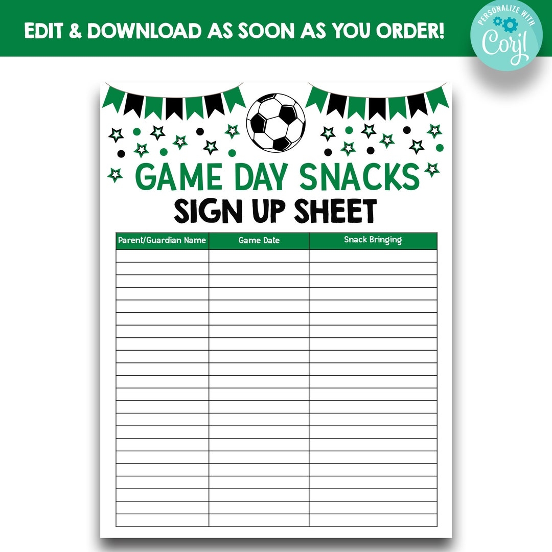 EDITABLE Soccer Game Day Snack Sign Up Sheet Game Day Snacks Sign Up Printable Soccer Team Volunteer Form Snack Sign Up Sheet Etsy Canada