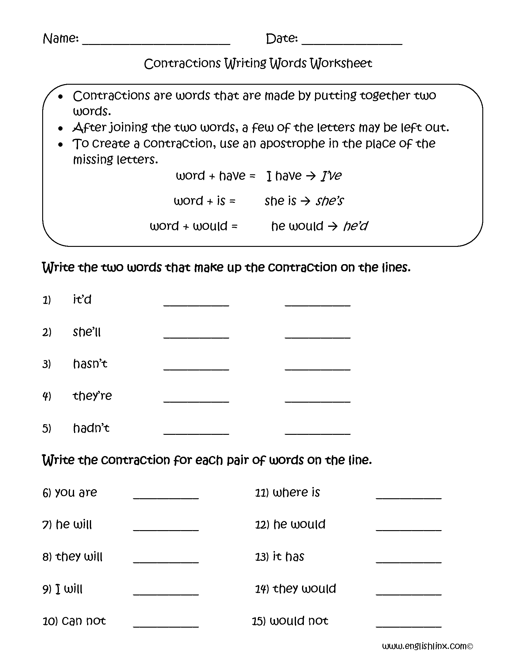 Englishlinx Contractions Worksheets