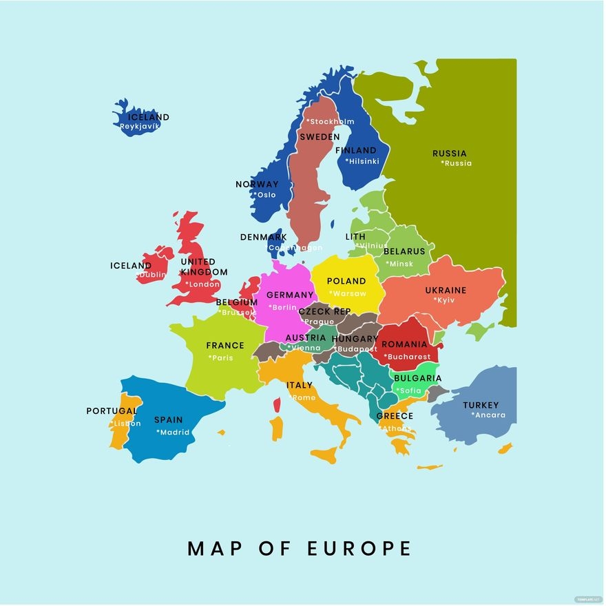 Europe Map Capitals Vector In Illustrator SVG JPG EPS PNG Download Template