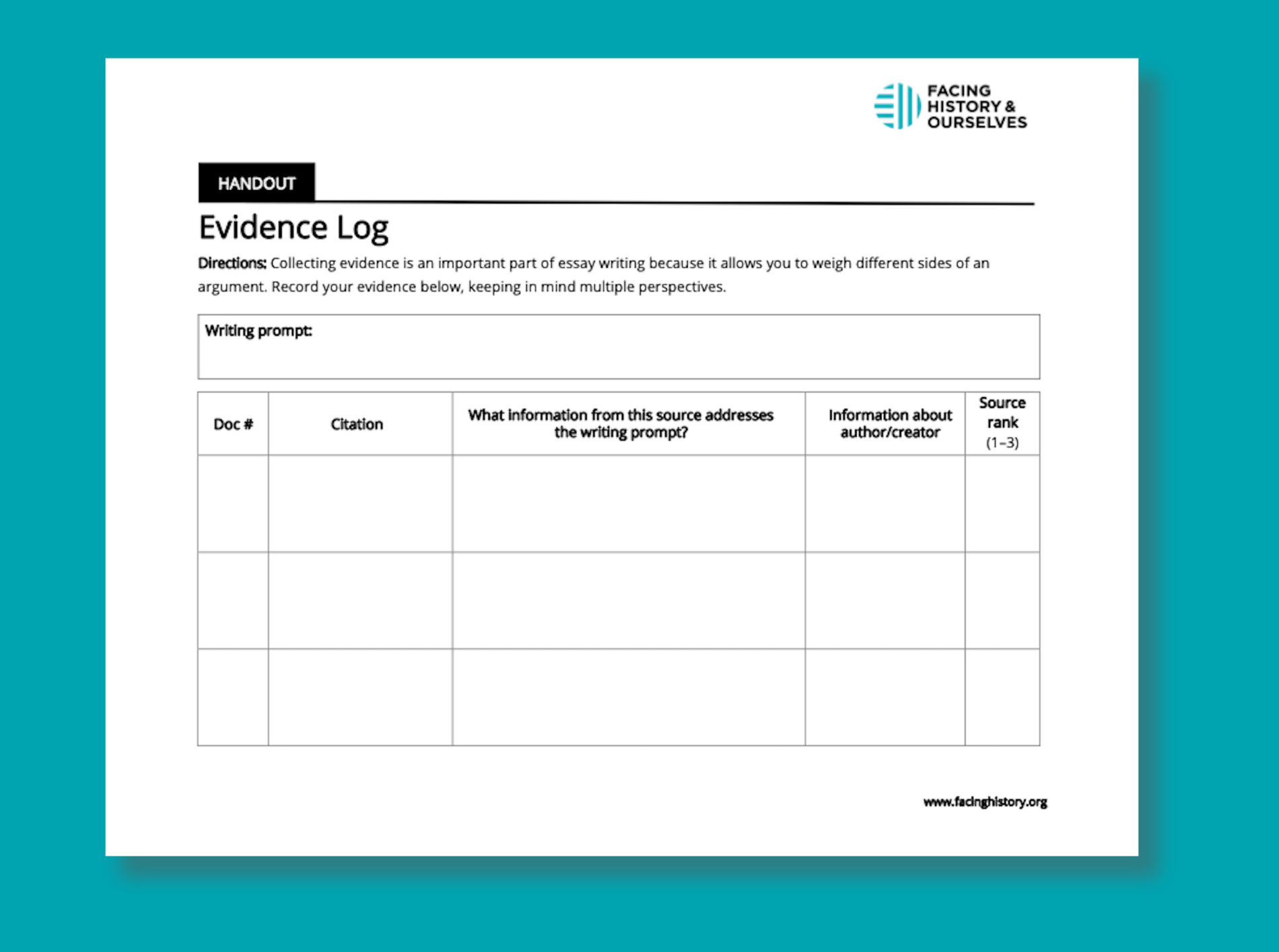 Evidence Log Template Facing History Ourselves