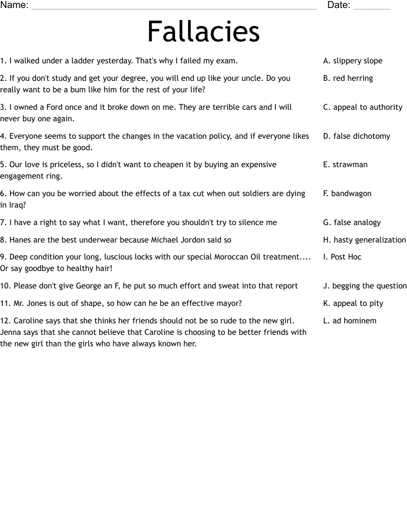 Fallacies Worksheet WordMint