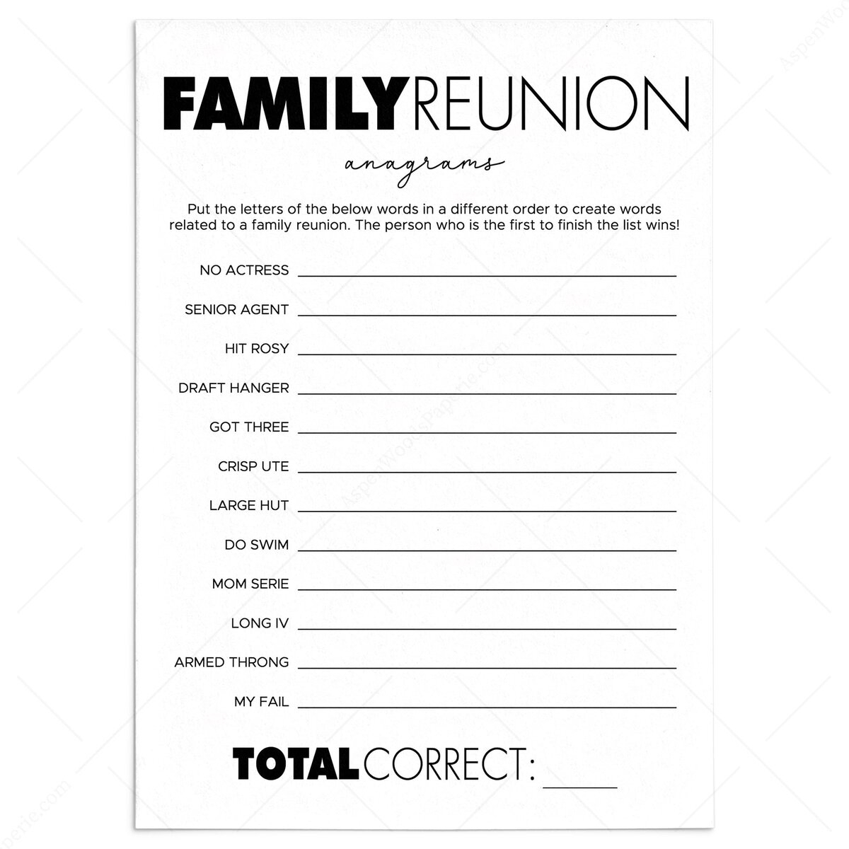 Family Reunion Anagrams Game Printable Black And White Theme