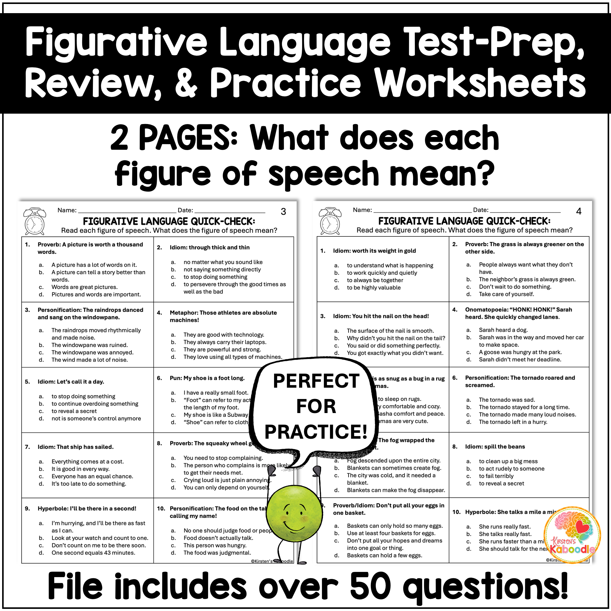 Figurative Language Quick Checks Test Prep Review Worksheets