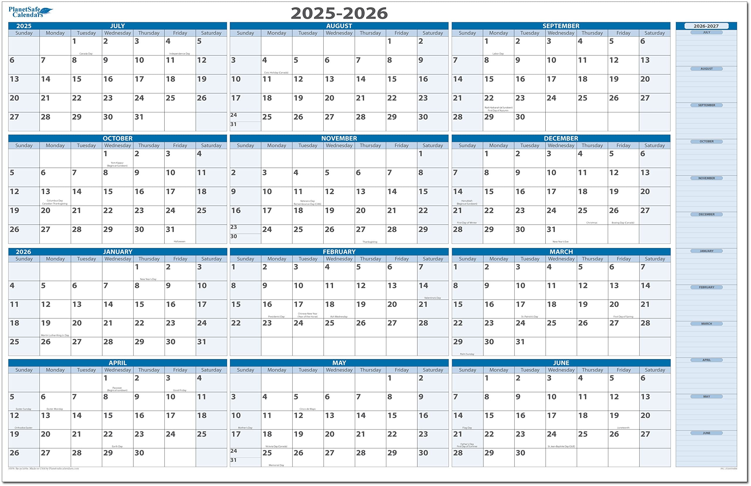 Fiscal Academic Split Year July 2025 To June 2026 Horizontal 12 Month Wall Calendar 36