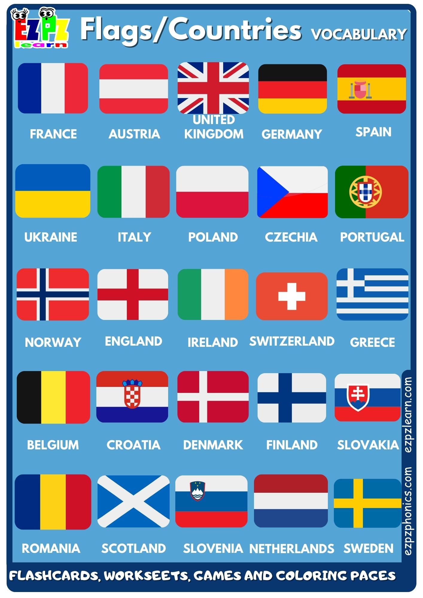 Flags And Countries Vocabulary Free English Vocabulary Resources Flashcards Worksheets Coloring Pages Games And More For ESL Ezpzlearn