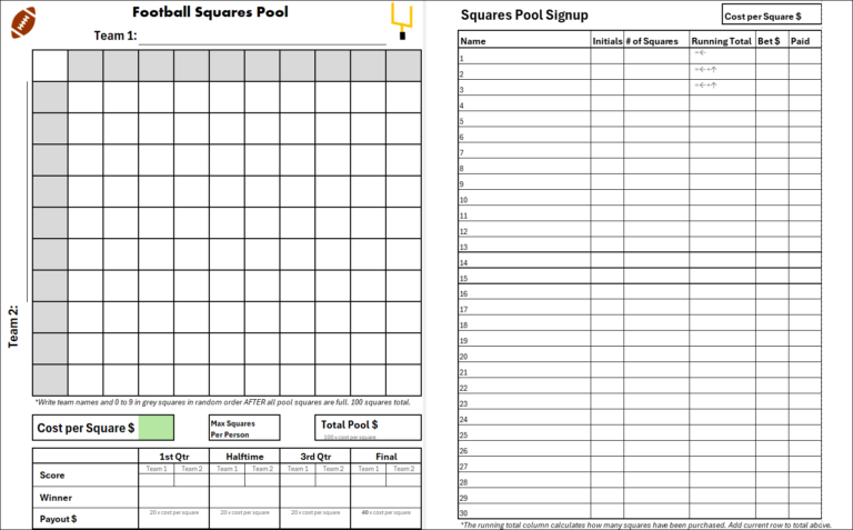 Football Squares Pool Free Downloads For PDF Excel Google Sheets Excel Campus