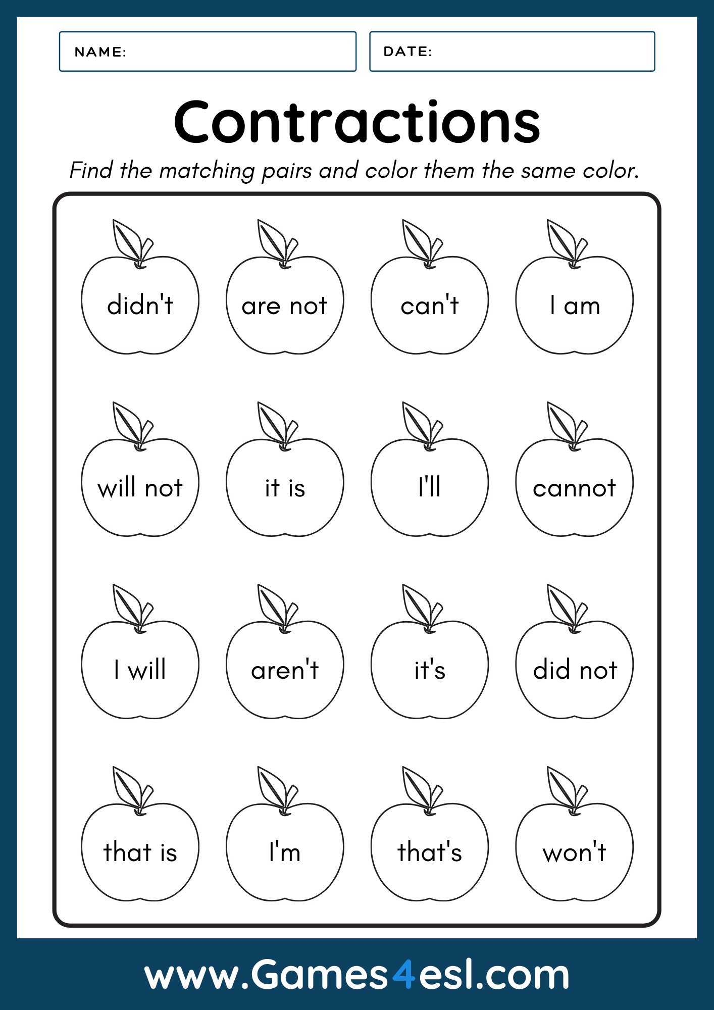 Free Contraction Worksheets Games4esl