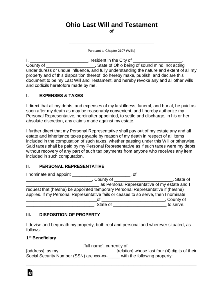 Free Ohio Last Will And Testament Template PDF Word EForms