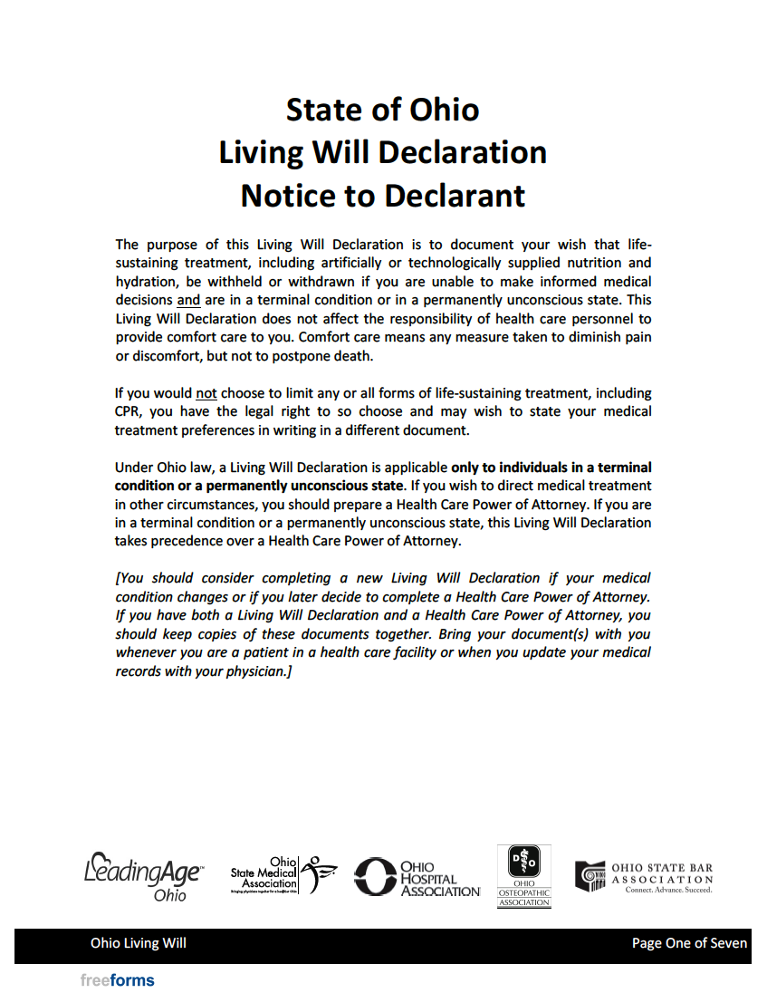 Free Ohio Living Will Form PDF