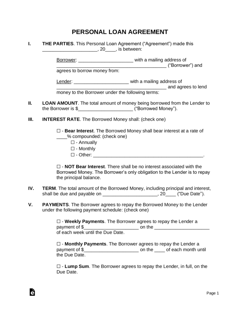 Free Personal Loan Agreement Template Sample PDF Word EForms