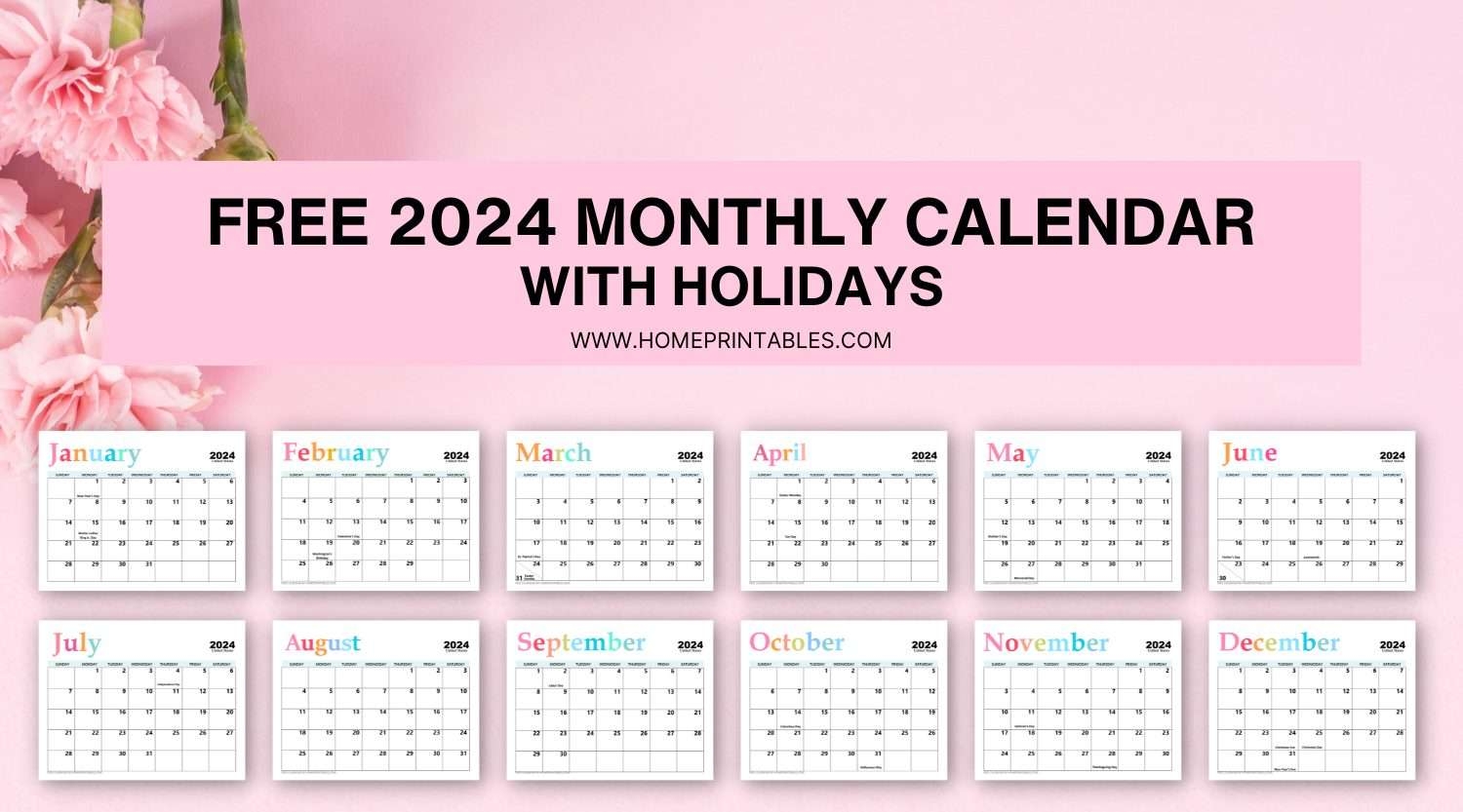Free Printable 2024 Monthly Calendar With Holidays Pretty Style