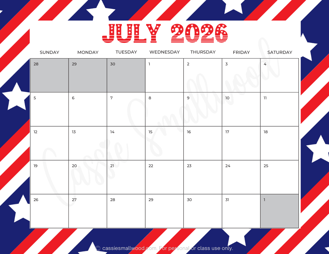 FREE PRINTABLE 2026 JULY CALENDAR Cassie Smallwood FREE PRINTABLE 2026 JULY CALENDAR Cassie Smallwood