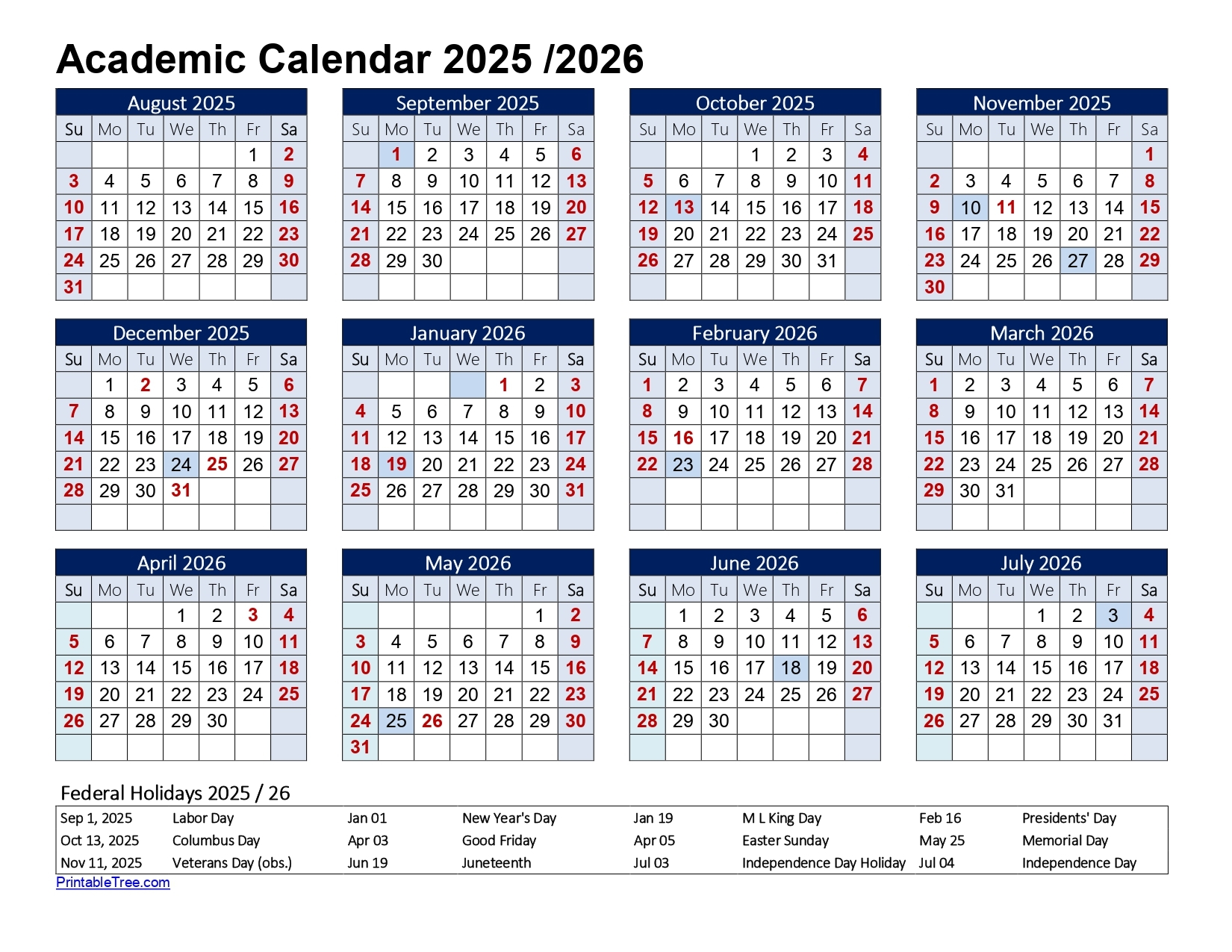 Free Printable Academic Calendar 2025 To 2026 Templates Printable Tree