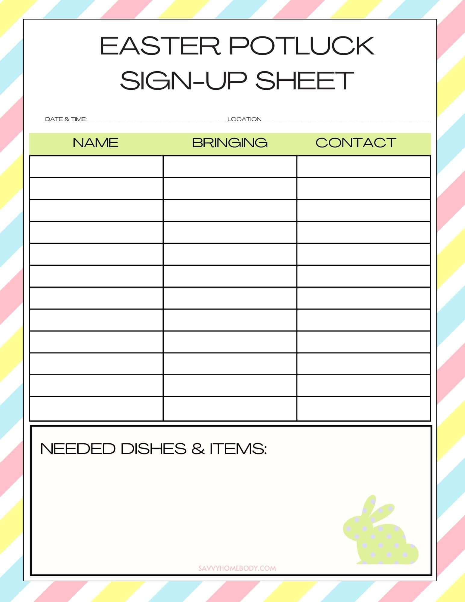 Free Printable Easter Potluck Sign Up Sheets