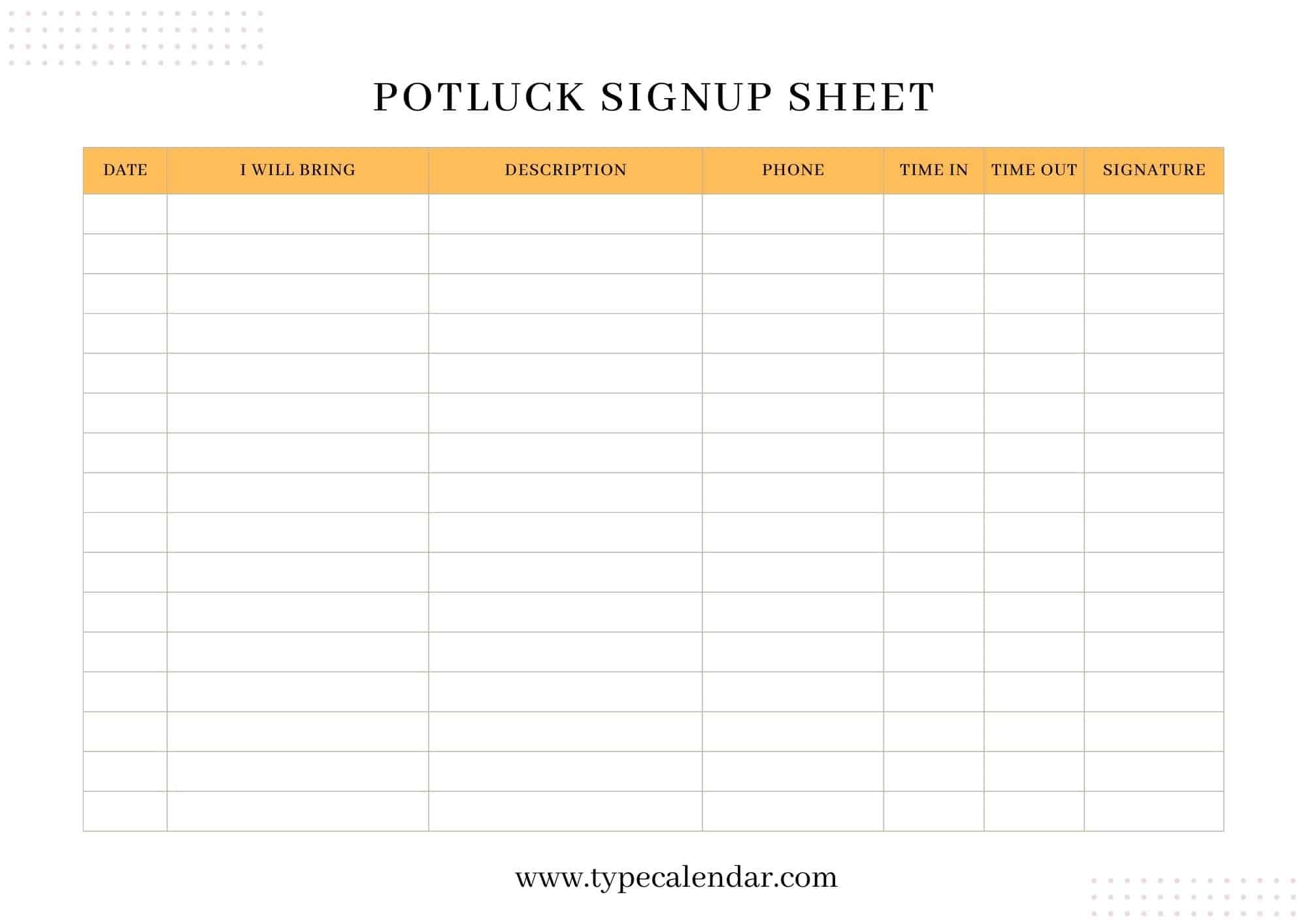 Printable Potluck Sign Up Sheet Free