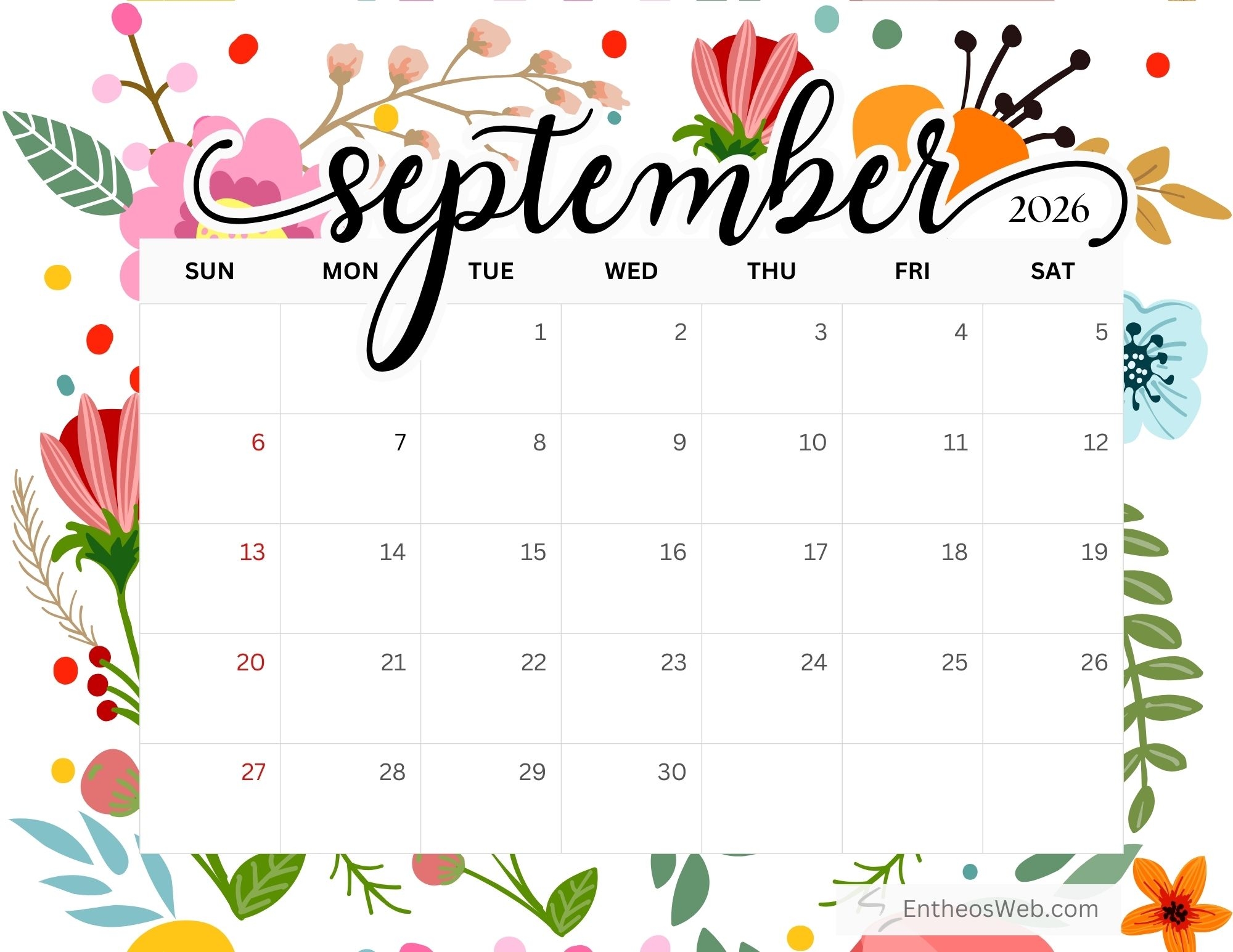 Free Printable September 2026 Calendars EntheosWeb