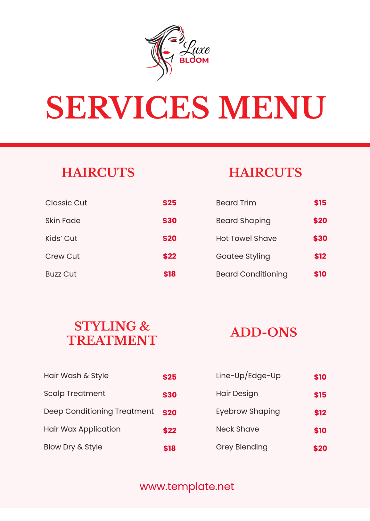 Free Printable Salon Menu Templates