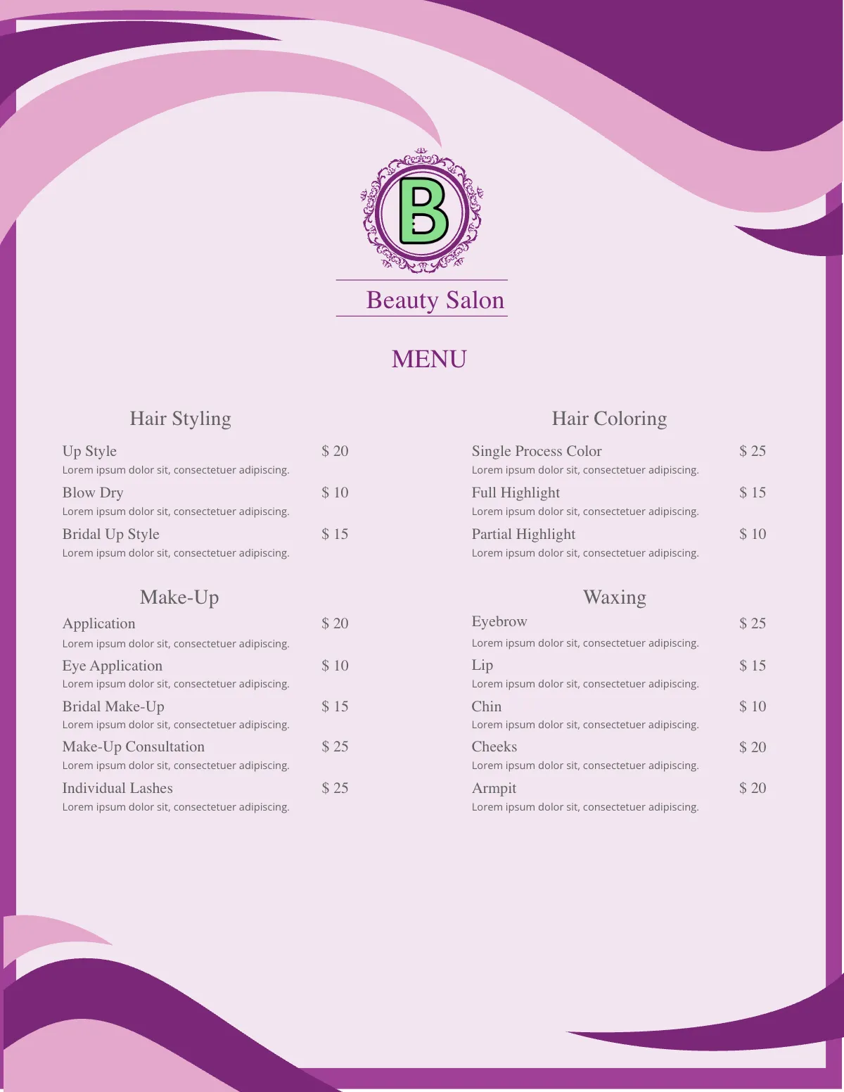 Free Salon Menu Templates Editable And Printable