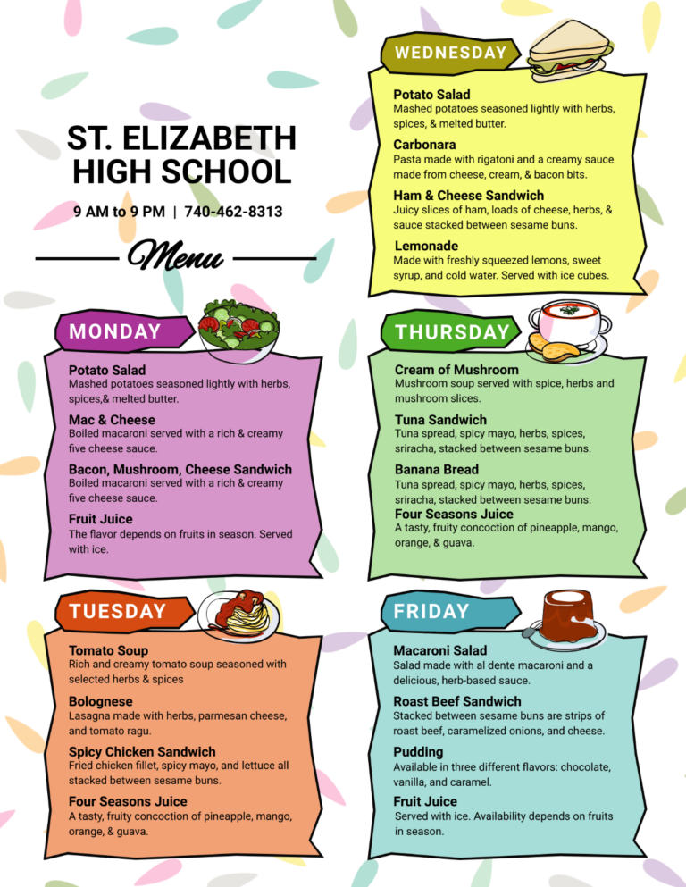 Free School Menu Templates Editable And Printable