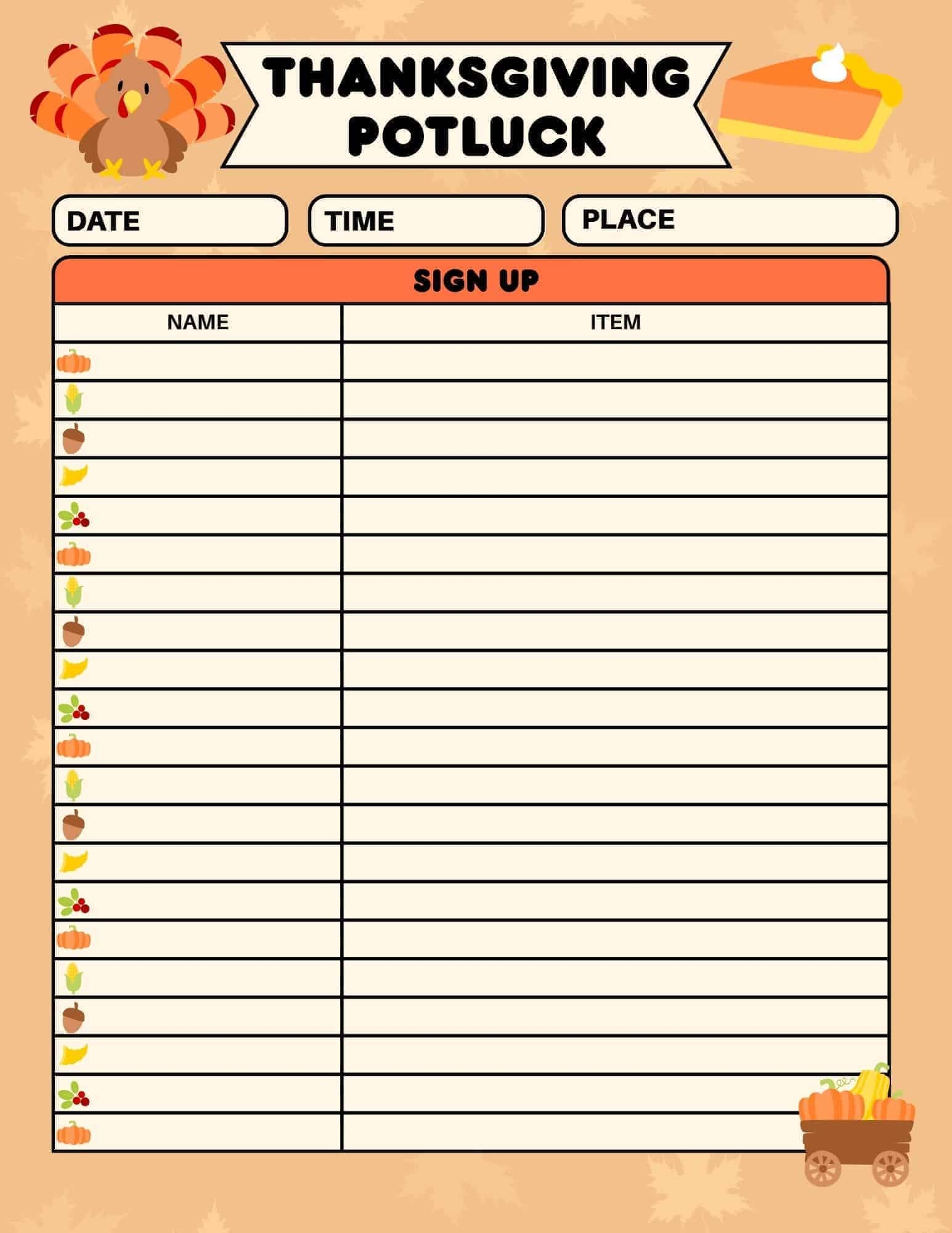 Free Thanksgiving Potluck Sign Up Sheet Printable