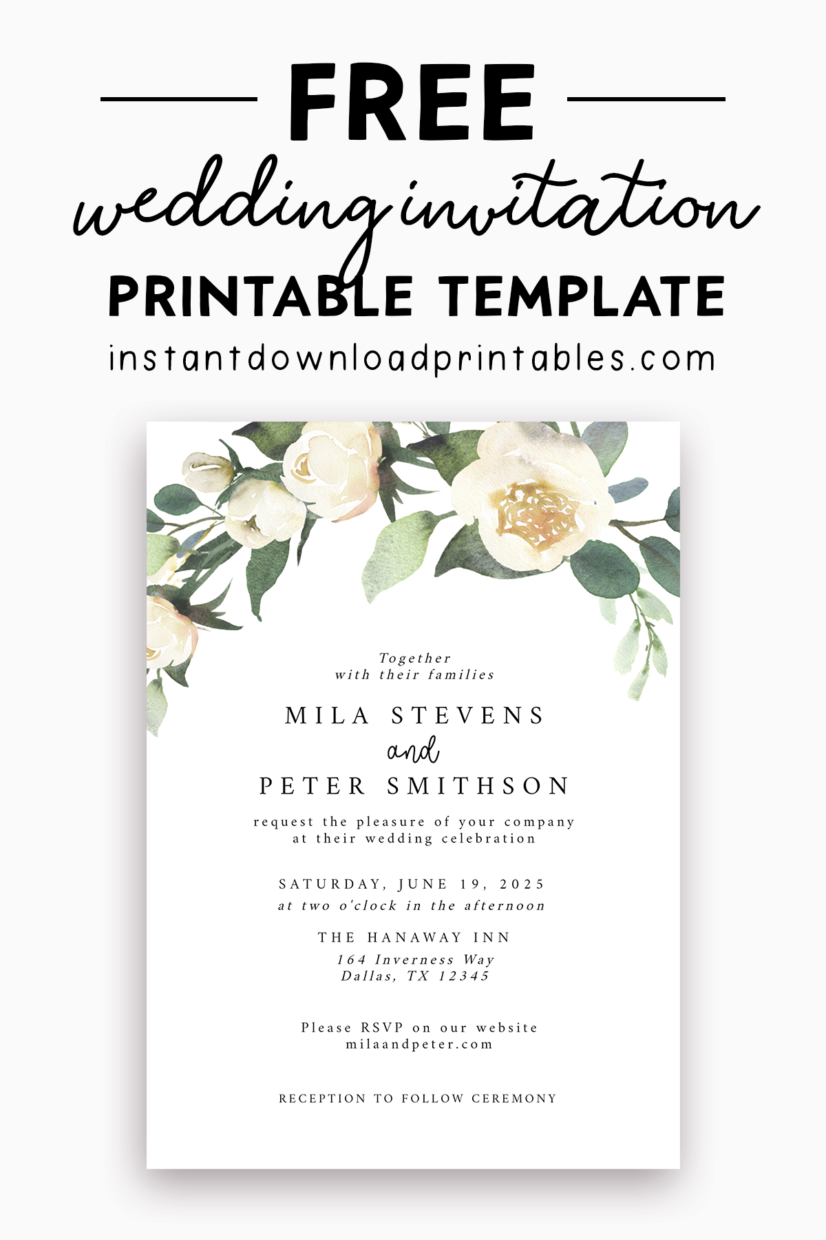 Free Wedding Invitation Template White Watercolor Flowers Instant Download Printables Instant Download Printables