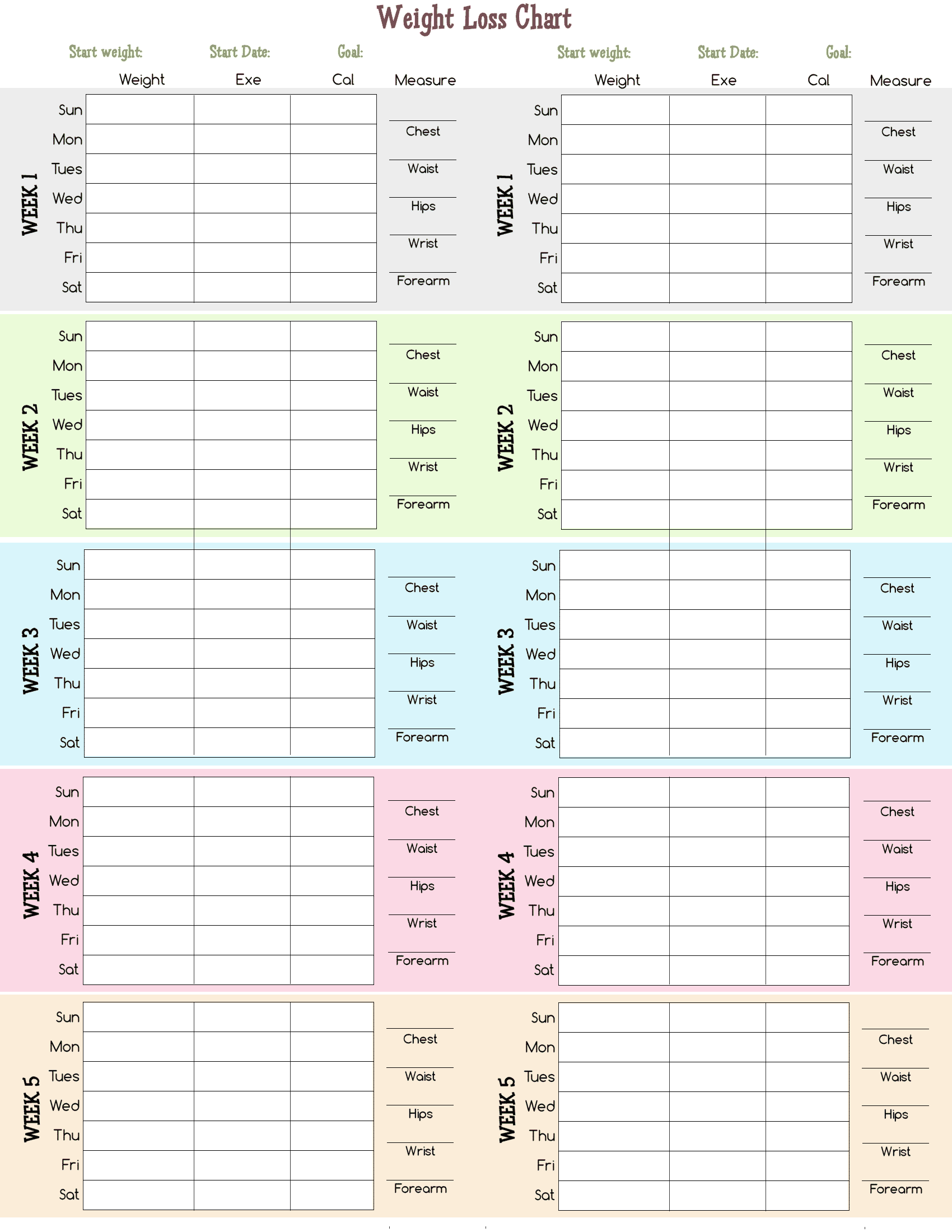 Weight Loss Calendar Printable
