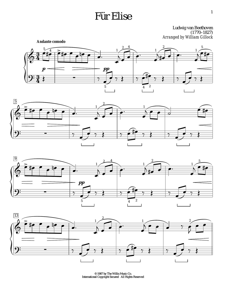 Printable Fur Elise Piano Sheet Music