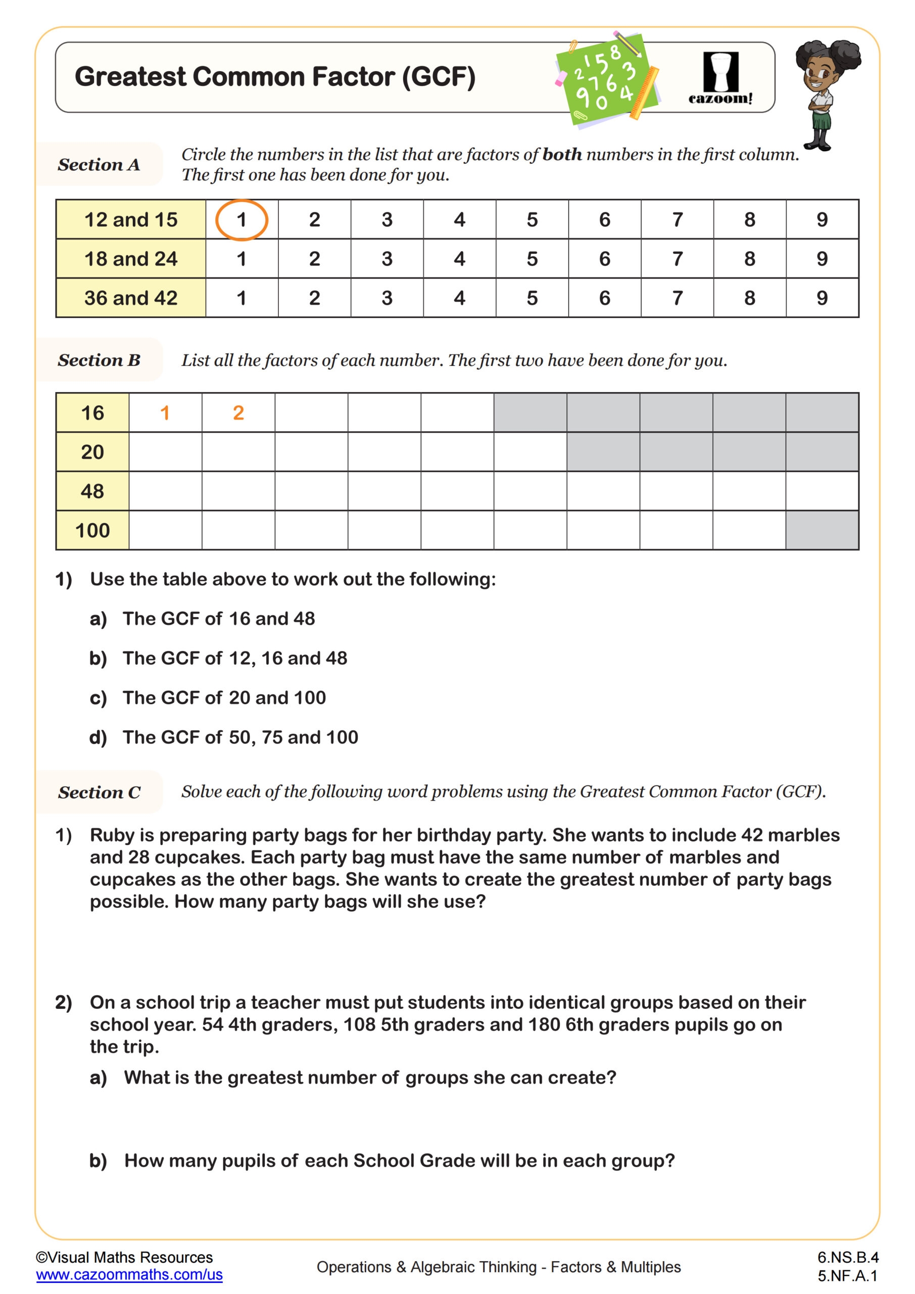 Greatest Common Factor GCF Worksheet PDF Printable Operations Algebraic Thinking Worksheet